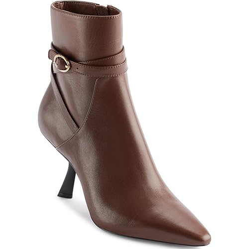 KARL LAGERFELD Women's Karly Pointed Toe Heeled Ankle Bootie with Belt Detail Boot