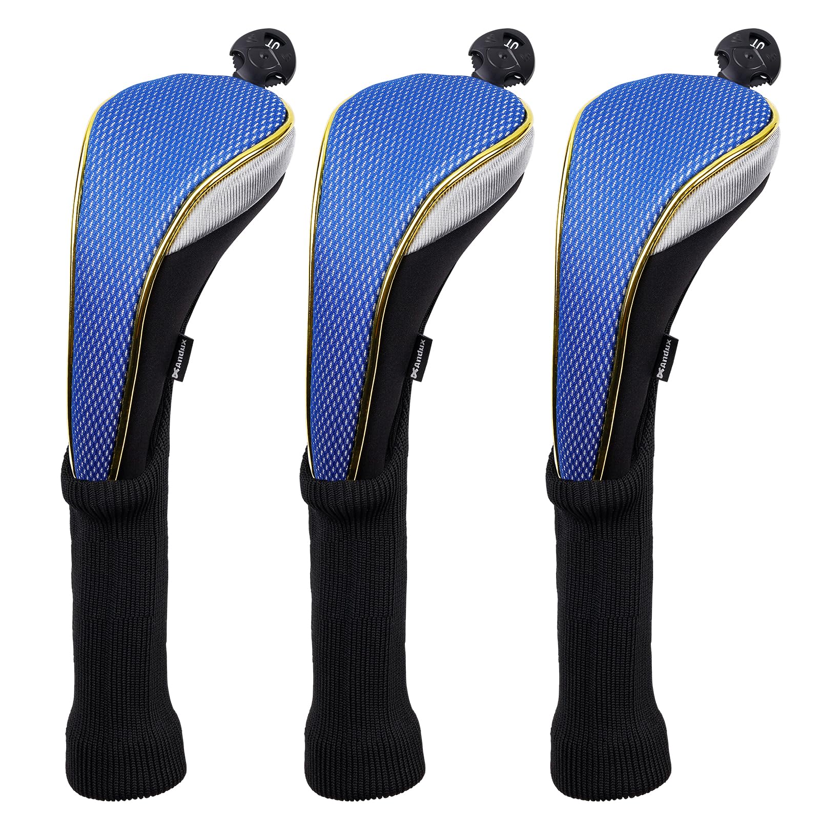 Andux 3Pcs/Set Long Neck Gold Golf Hybrids Club Head Covers with Dial No. Tag MT/HY14 (Blue)