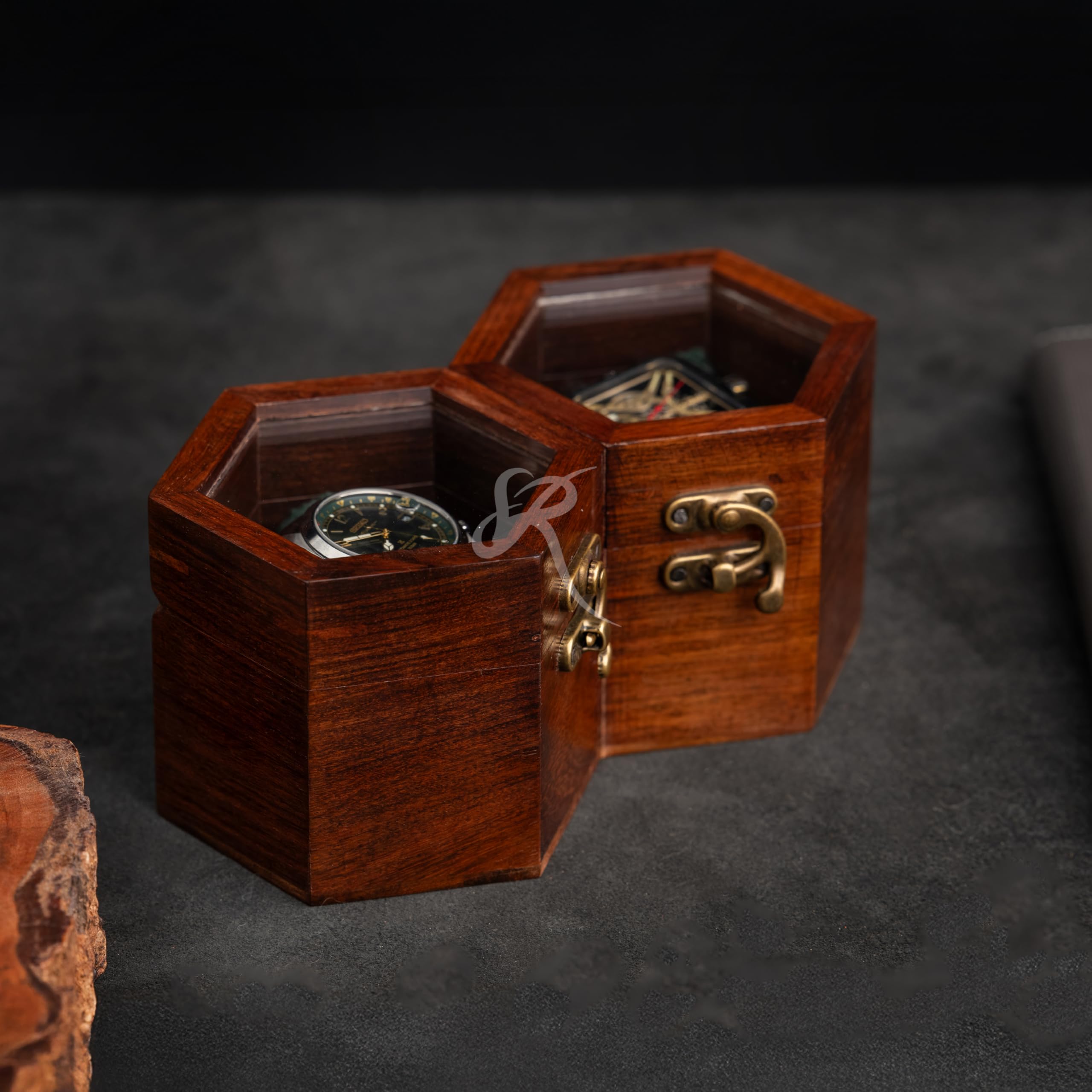 Boîte à Montres Double Fente pour Homme - Rangement en Palissandre Foncé - Cadeau de Saint-Valentin - Organisateur