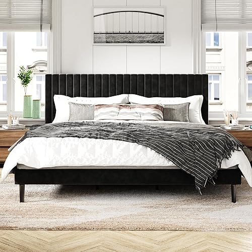 Sismplly Base de cama tamaño Queen con cabecera tapizada de terciopelo, cama de plataforma con listones de madera fuertes, base de colchón, somier