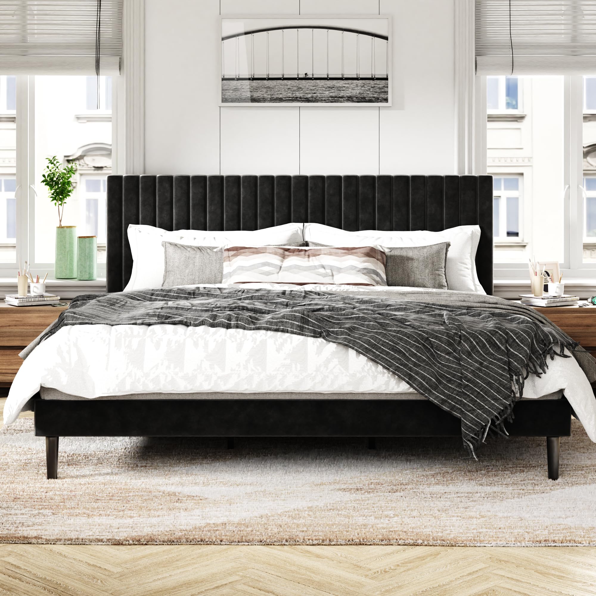 Sismplly King Size Bed Frame with Velvet Upholstered Headboard, Platform Bed with Strong Wood Slats, Mattress Foundation, Box Spring Optional, Easy