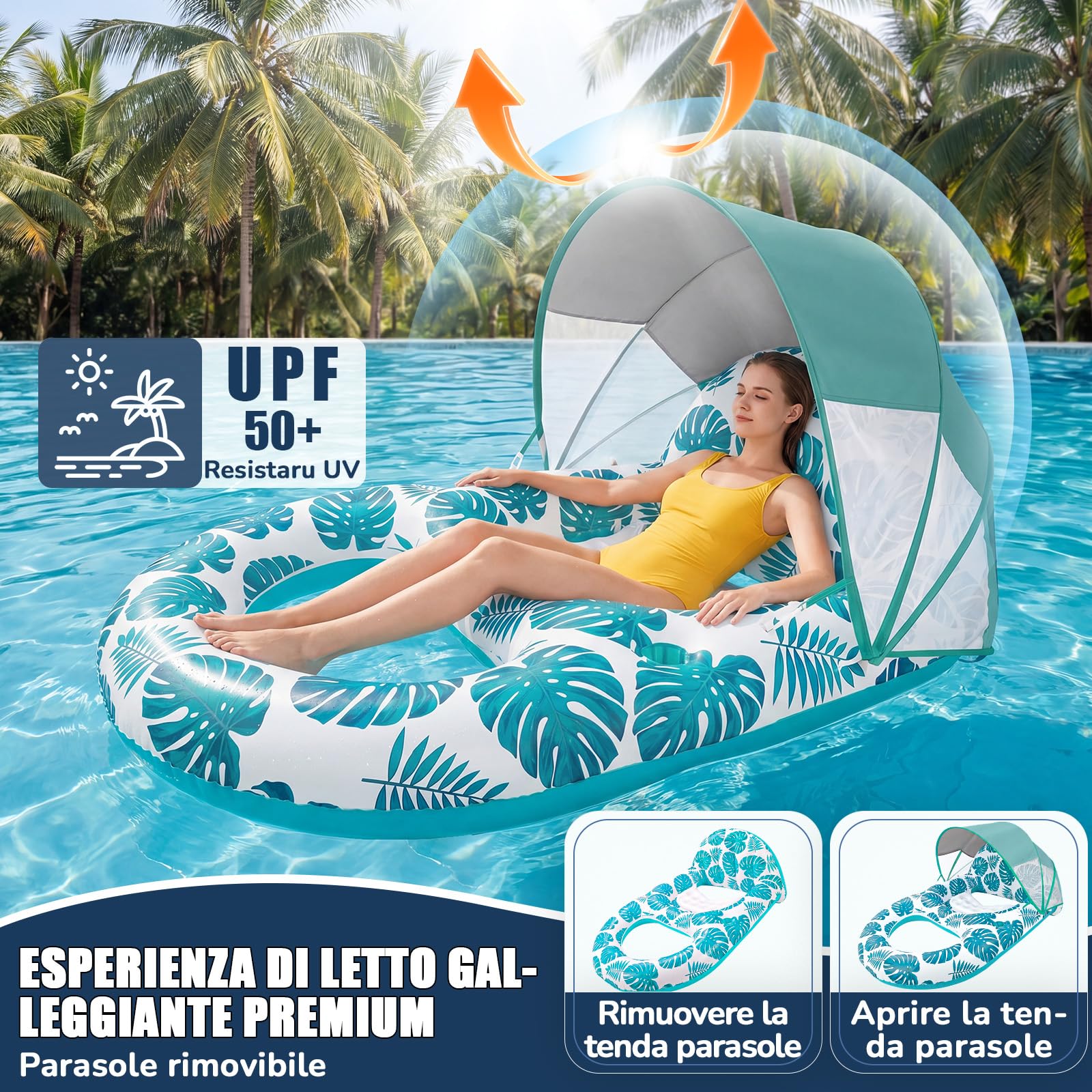 Materassino Gonfiabile Abbronzante, Inflatable Tanning Pool con Parasole Rimovibile Piscina Doppio Grande Adulti con Portabevande e Schienale per Piscina Estiva in Spiaggia