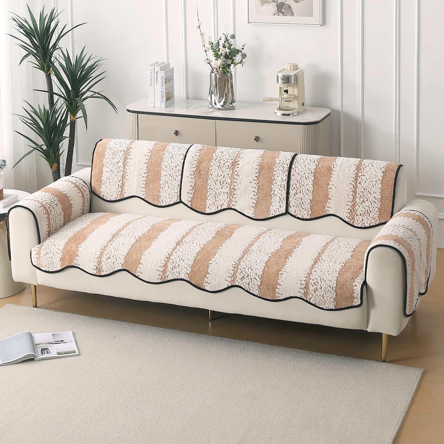 HOKIPO Complete Sofa Cover Set (Seat+Back+Arm) for 3 Seater Sofa | Luxury Wavy Mat with Anti Slip Backing, Desert Brown (NEW-AR-5984+5979 * 2+6218 * 3-BR)-image-43