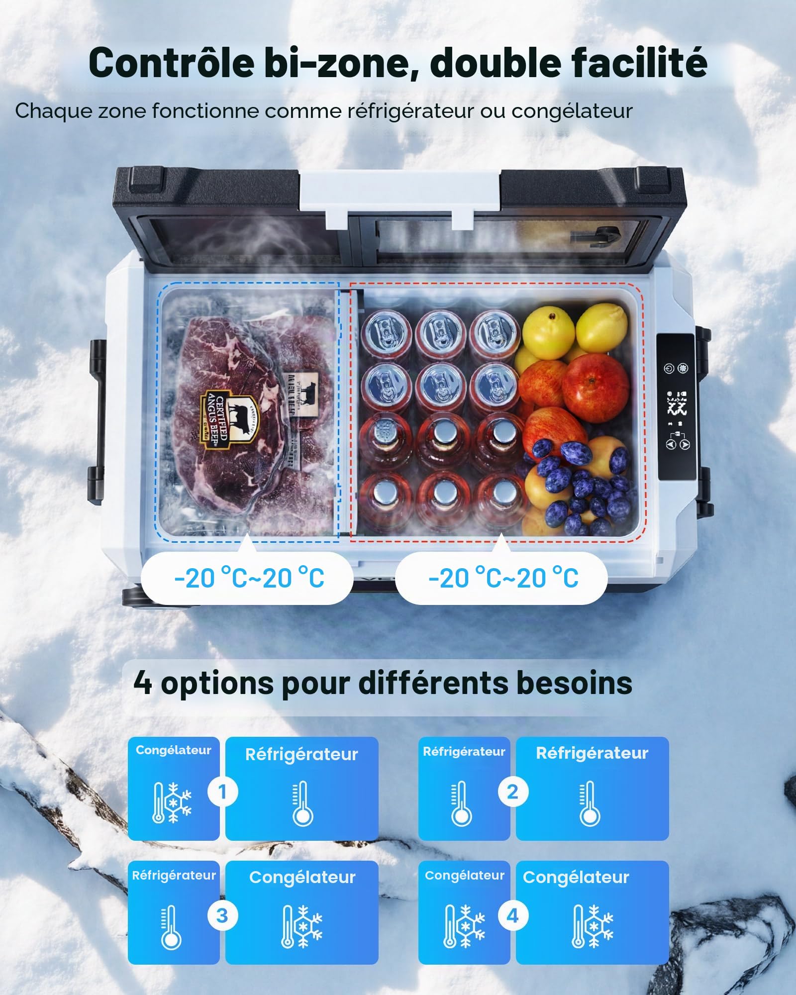 VEVOR Réfrigérateur Portable à Compression 45 L, Glacière Électrique DC 12/24 V et AC 100-240 V, pour Camping Pêche Caravane, Mini Frigo Voiture à Double Zone, -20 à 20 °C, Contrôle via Application