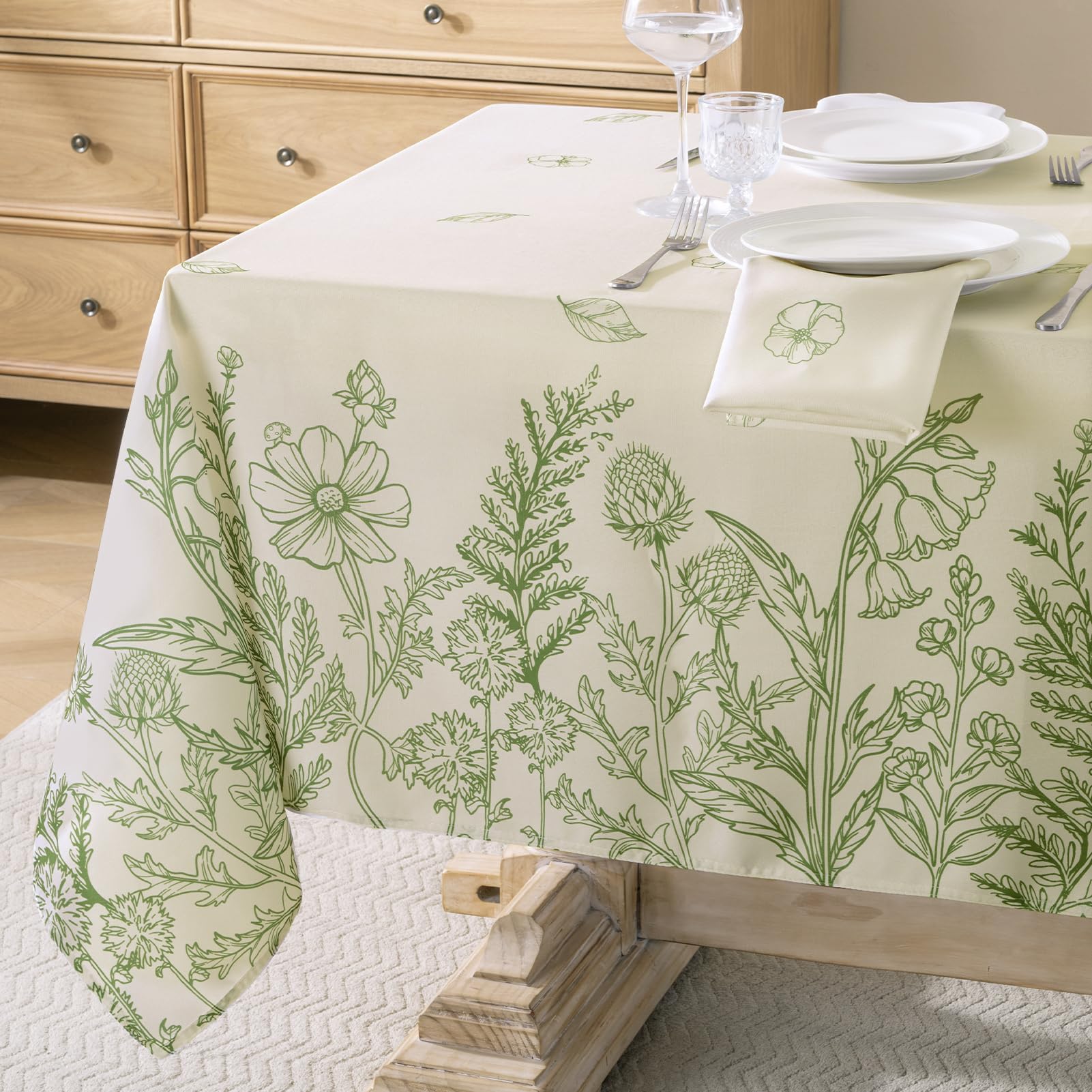 Spring Table cloth Rectangular 140x200cm Faux Linen Spring Green Botanical Tablecloths Dining Table Cover Washable for Easter Outdoor Party Birthday Coffee Tabletop Decoration, 78x55 inch