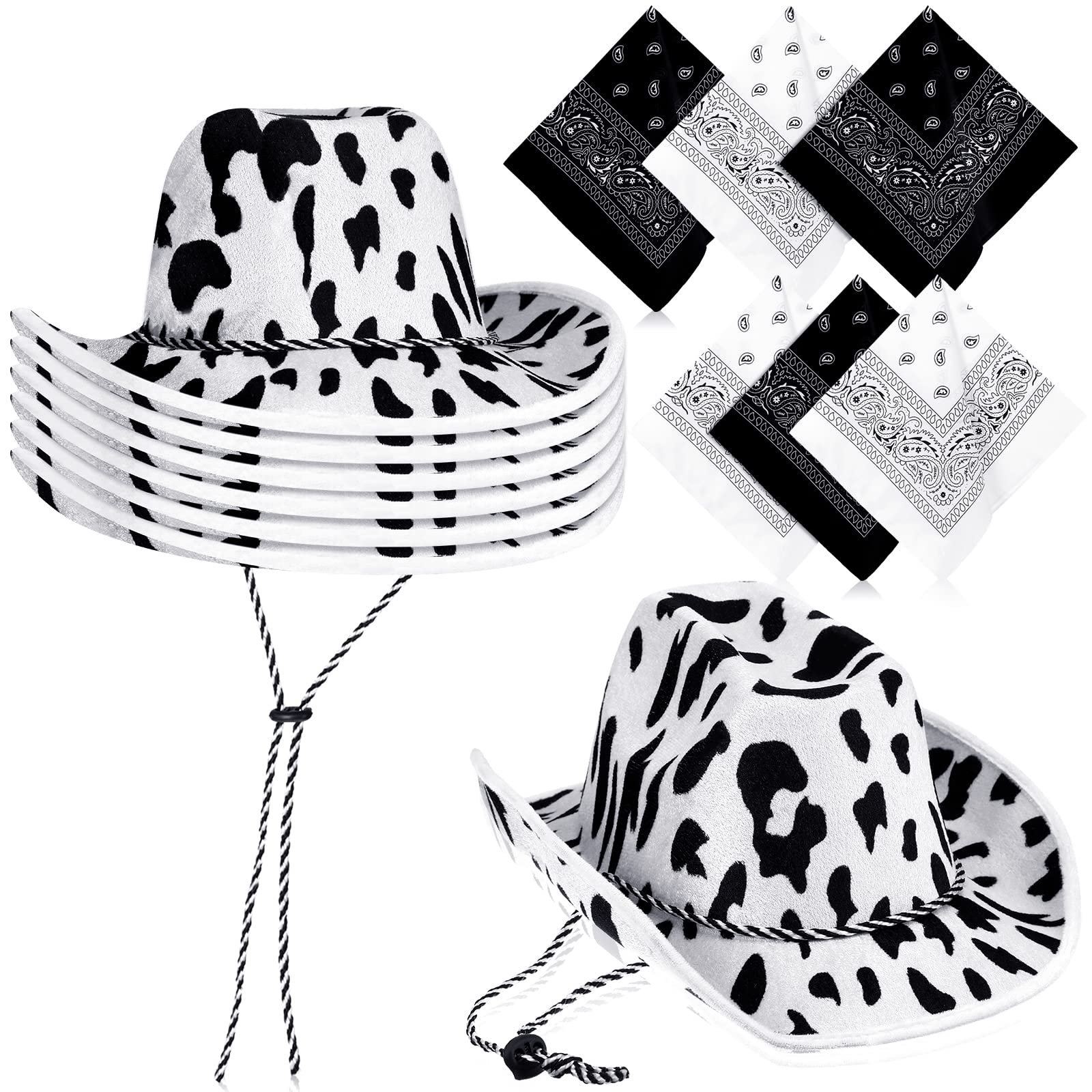 Zhanmai 12 Pieces Cow Print Cowboy Hat and Bandana Set Black and White for Western Parties Bachelorette Parties Country Dances Team Events and Halloween