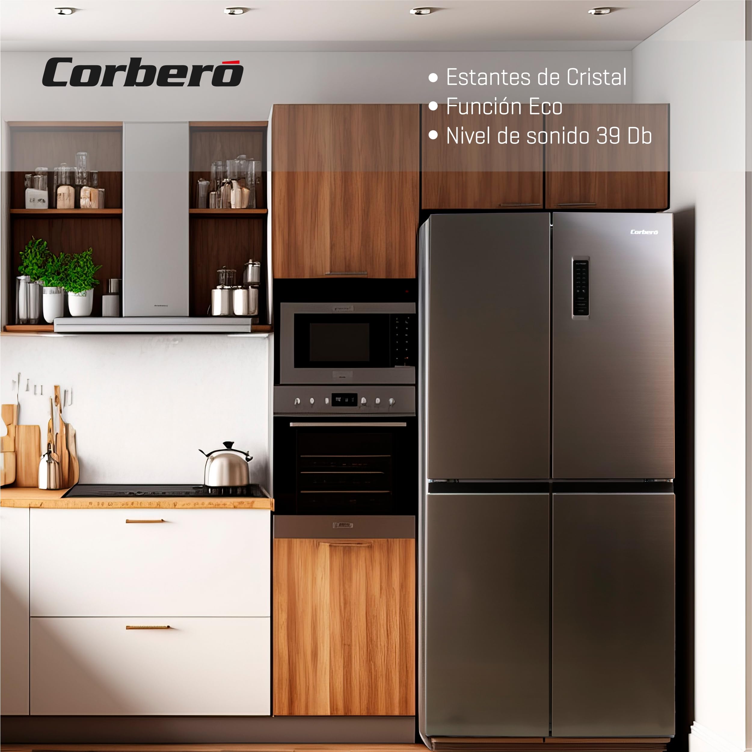 Corberó - Frigorífico 4 Puertas | CF4PH4823NFX | No Frost | Inverter | 362L | 180 cm | Display Puerta | Fresh Box | Crisper | Fresh Box Convertible | Estantes de Cristal | Función Eco | Inox
