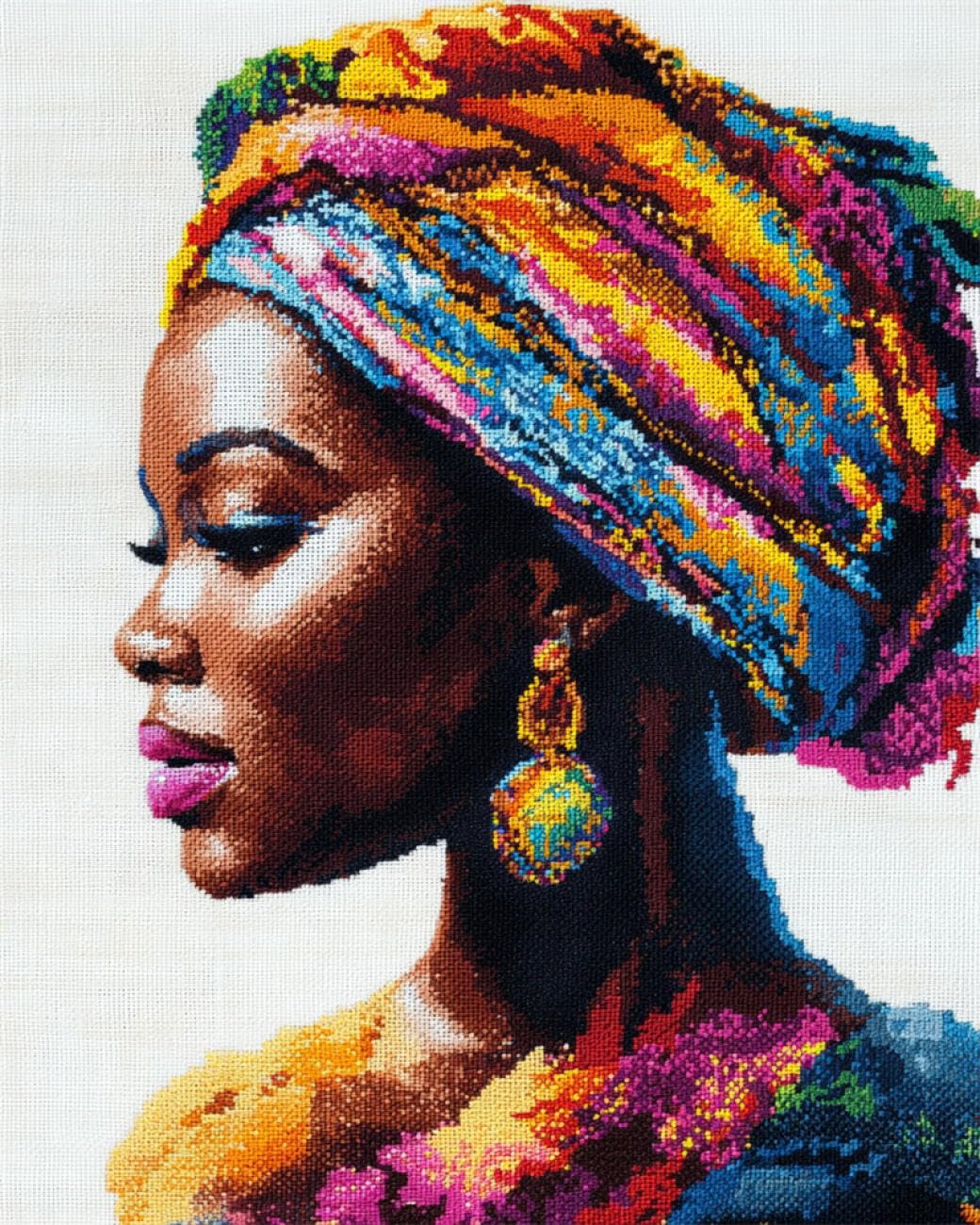 RKFLGEW 14CT Cross Stitch Kits for Beginners African Woman Portrait Cross Stitch Starter Set for Adults DIY Needlepoint Kits Embroidery Patterns Home Decoration 40x50cm