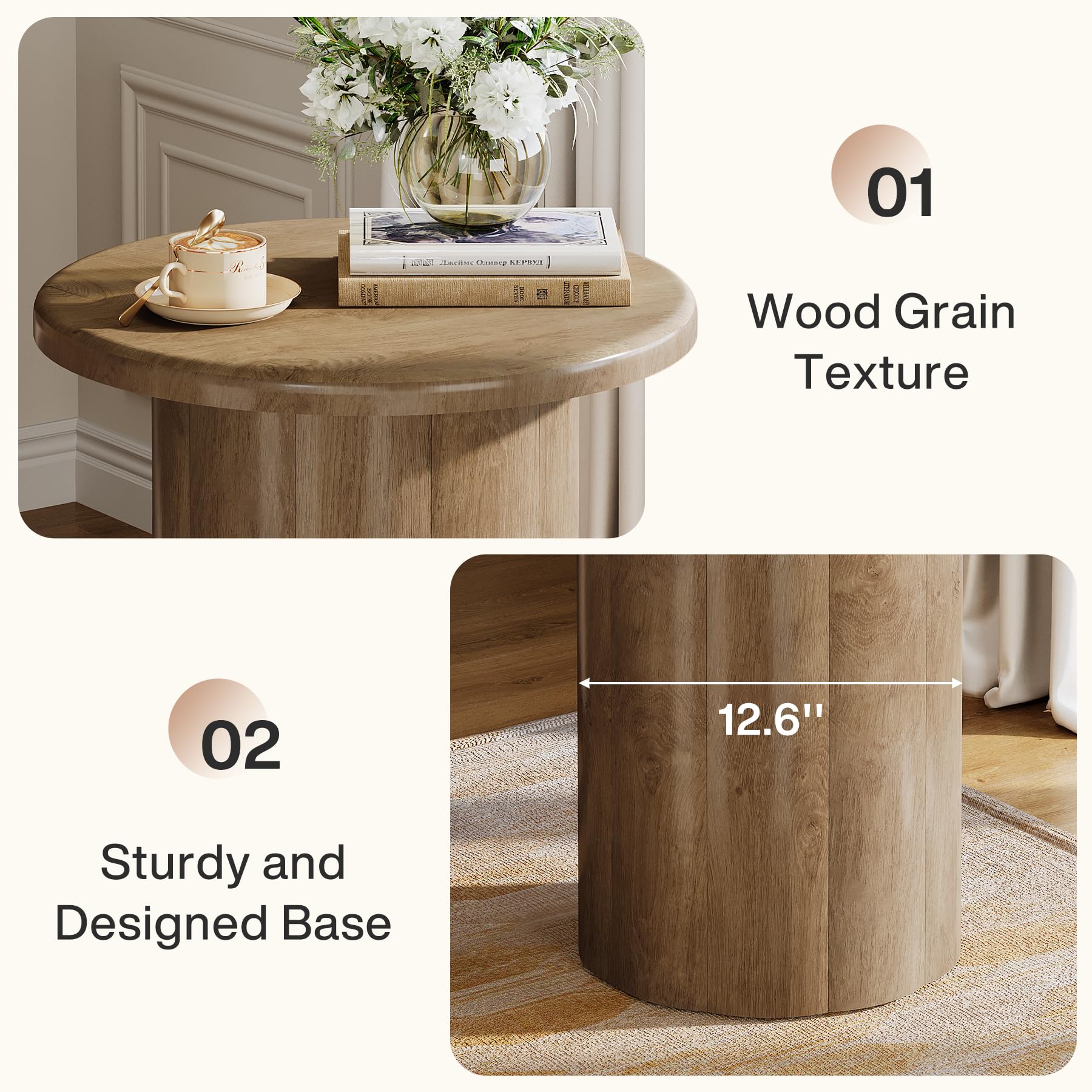 Tribesigns Round Side Table for Living Room, Farmhouse Small End Table with Fluted Base, 20-Inch Rustic Brown Nightstand, Accent Furniture for Small Space Bedroom Apartment