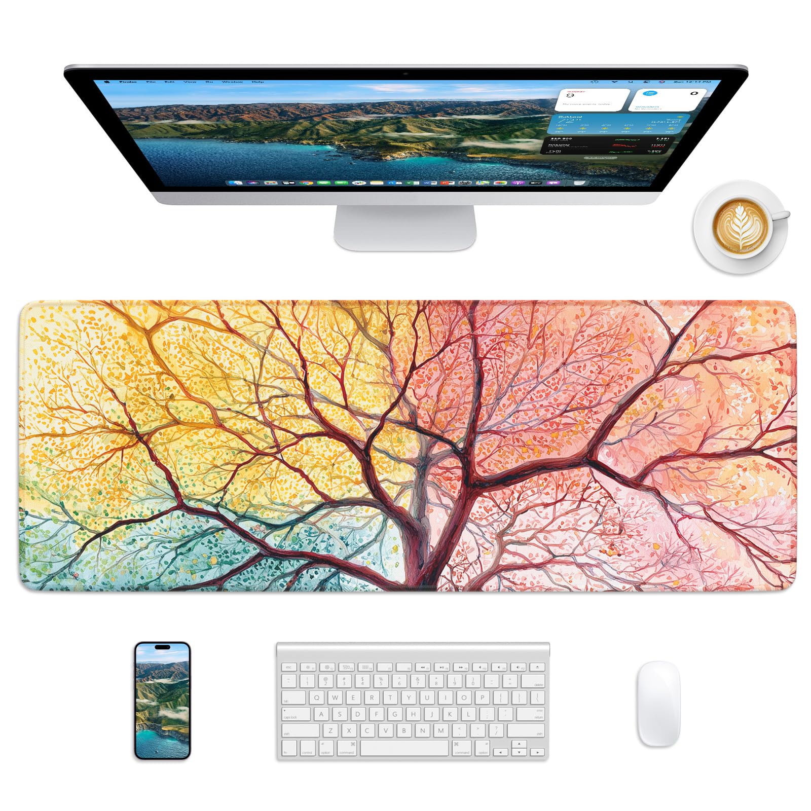 Velluxion Mauspad 80x30 cm Tischunterlage rutschfest für Büro, Sunset Tree | Große Schreibtischunterlage, rutschfest, genähte Kanten, für Büro & Laptop, viel Platz für Maus & Tastatur