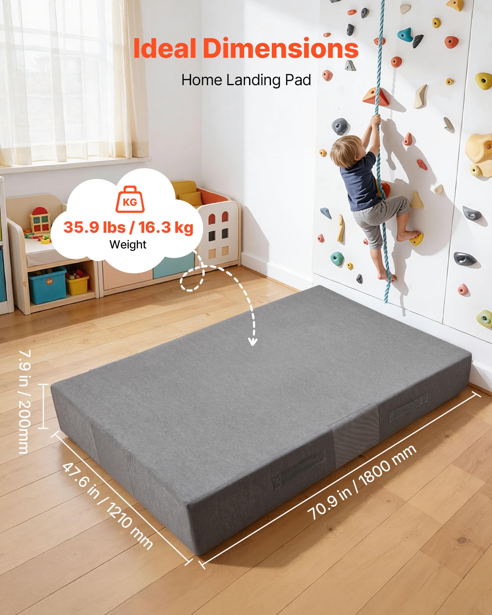 VEVOR Almohadilla de Choque para Niños 1800 x 1210 mm, Crash Pad Sensorial Infantil Impermeable, Antideslizante con Espuma de Alta Densidad, Funda Lavable, para Gimnasia Interior, Sala de Estar, Bebé