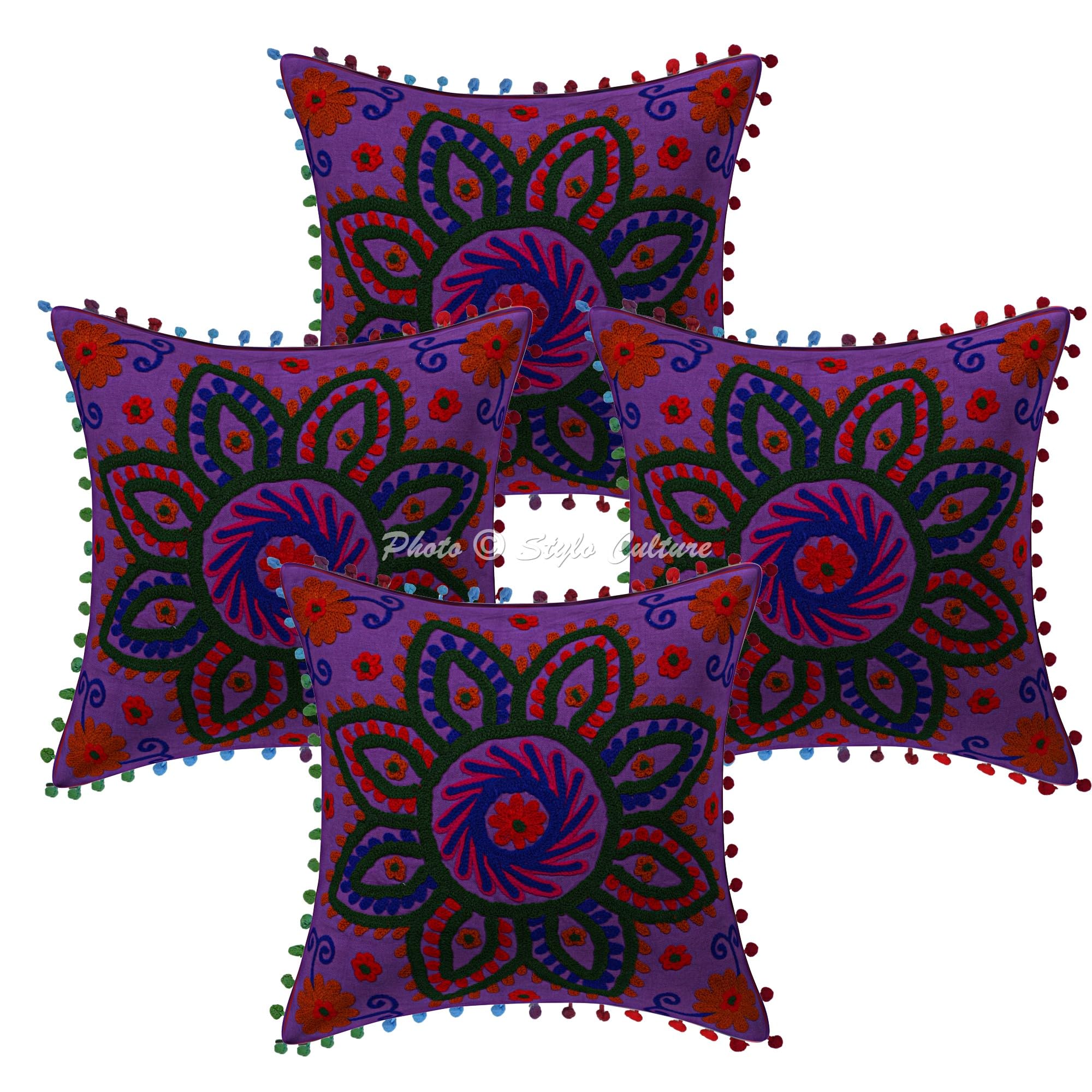 Indische Dekorativ Baumwolle Sofa Kissenbezüge 40x40 cm Lila Dekokissen Suzani Bestickte Pom-Pom-Spitze Wohnzimmer Couch Kissenhullen Blumen Quadrat Reißverschluss Kissen Bezüge - 4 Stk.