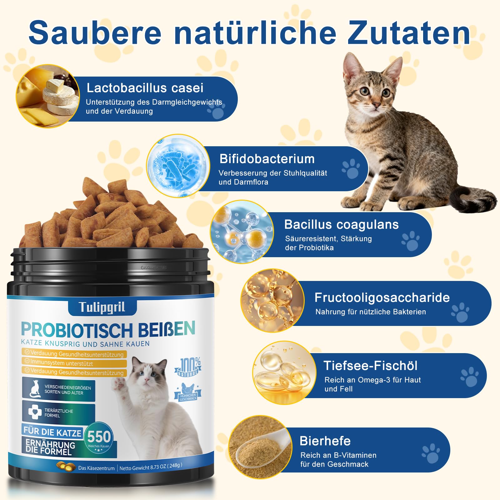 Katzen-Probiotika-Kautabletten für die Verdauungsgesundheit – 550 Stück mit Verdauungsenzymen & Präbiotika – Unterstützt die Darmgesundheit, Reduziert Durchfall & Mundgeruch – Schmackhafte