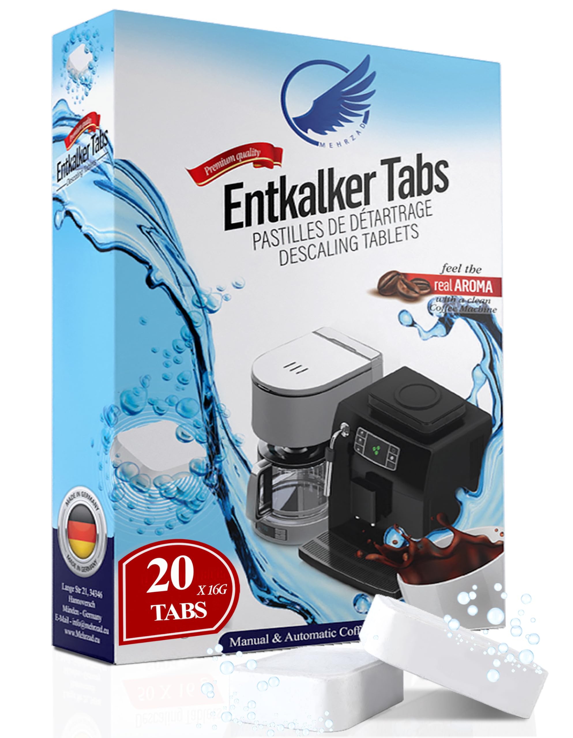 Entkalkungstabletten für Kaffeevollautomaten & Kaffeemaschinen - 20 Tabs - kompatibel mit Jura,Siemens EQ-Series, Bosch, Miele, Melitta, Krups, Tassimo uvm "Made in Germany"