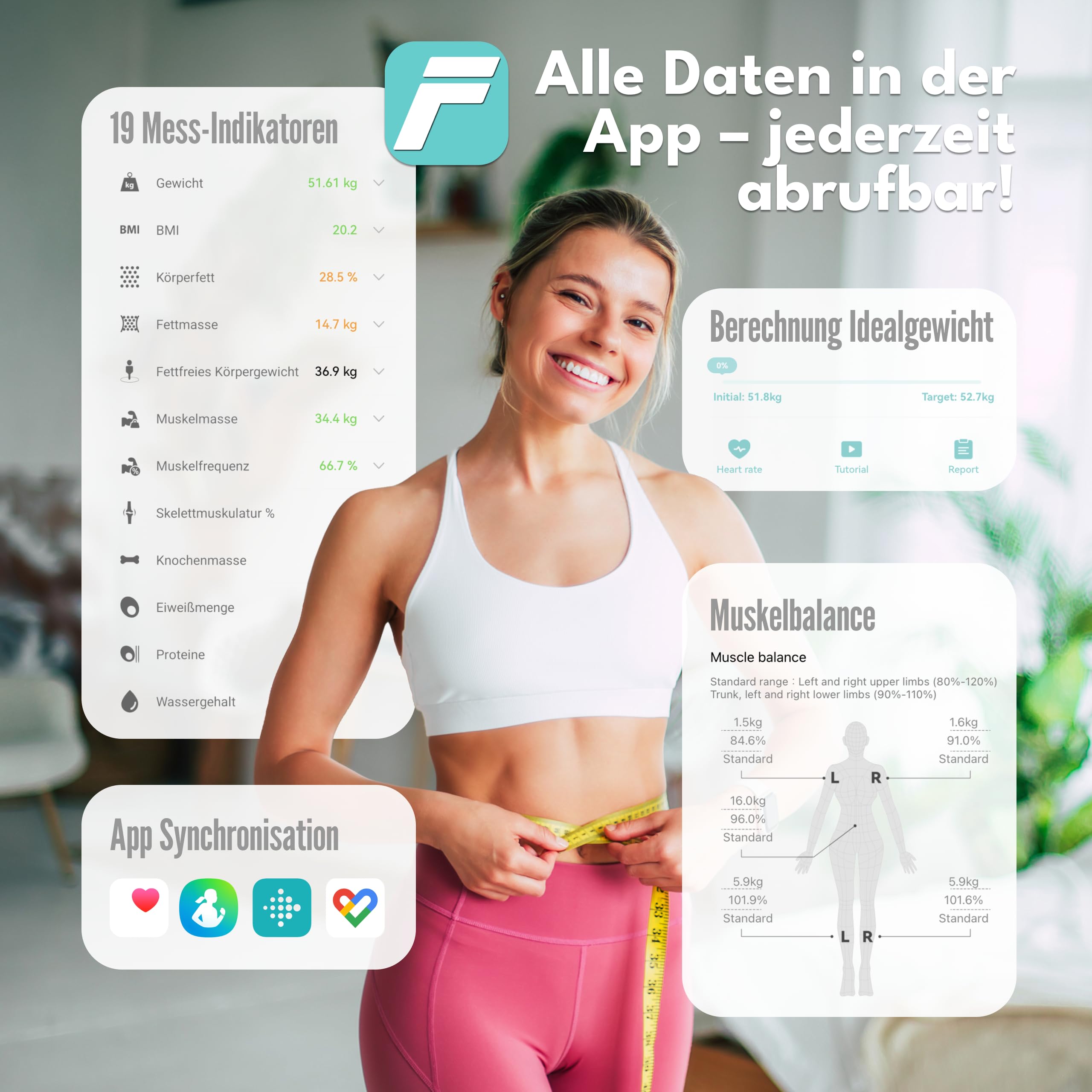 LEBENLANG Fitness Körperfettwaage mit Handsensoren - Großer Display & App Connect I 29 Messwerte bis 180 Kg I Körperwaage Waage mit Körperfett & Muskelmasse I Personenwaage Körperanalysewaage Scale