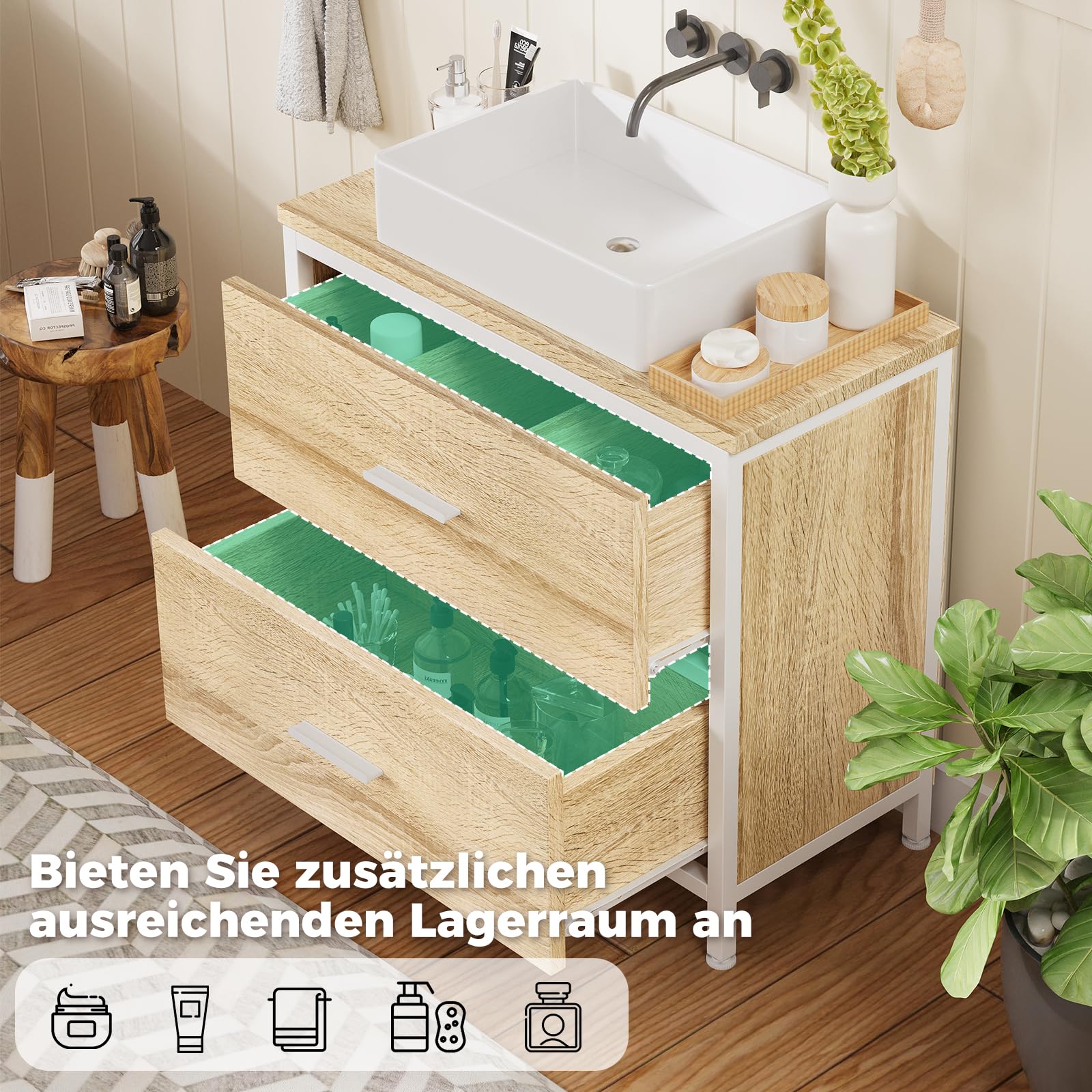 ELUCHANG Badmöbel Set 3,Waschbeckenunterschrank und Spiegelschrank Bad mit Beleuchtung und Hochschrank,Badezimmer Set 60cm,mit Schubladen,Verstellbare Ablage Badezimmermöbel Komplett,Oak+Weiß
