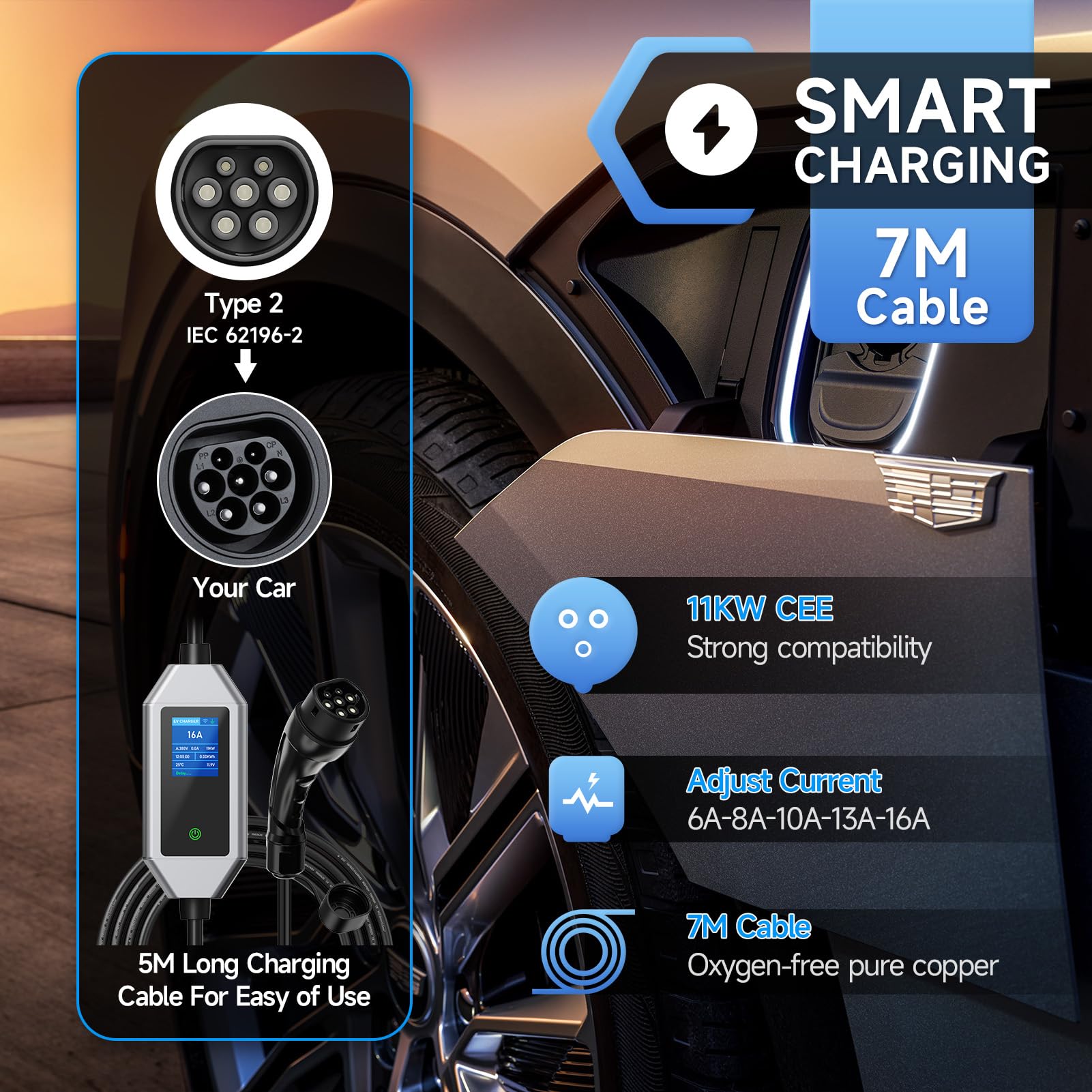 Kabel do ładowania typu 2 11 kW 7 m 3-fazowy Wallbox CEE