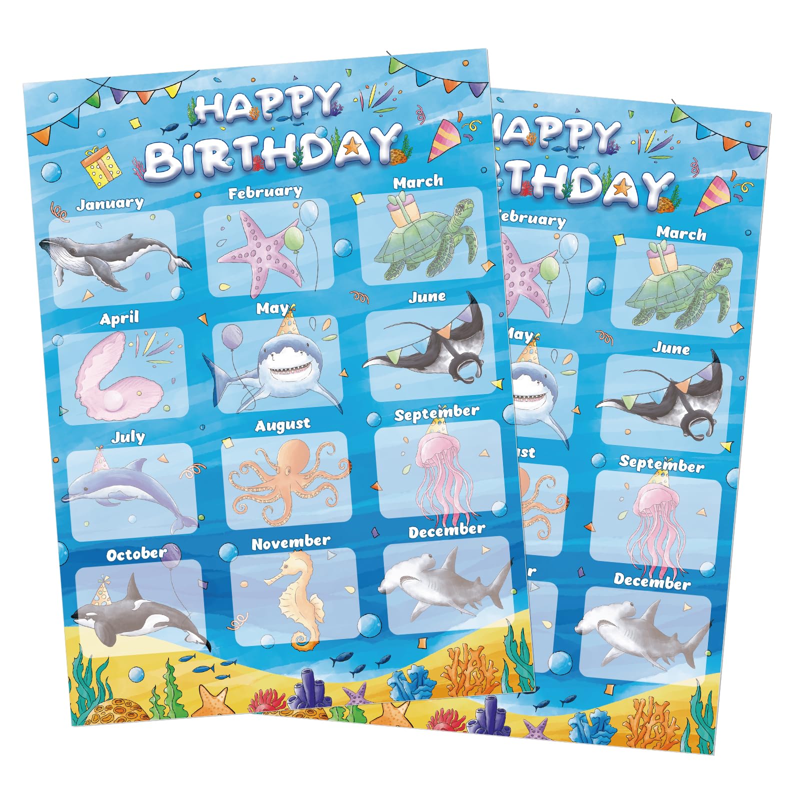 WERNNSAI Ocean Birthday Bulletin Board Set Under The Sea Birthday Poster Chart Class Happy Birthday Chart Calendar Decoration for Birthday Back to School Teaching Classroom Supplies