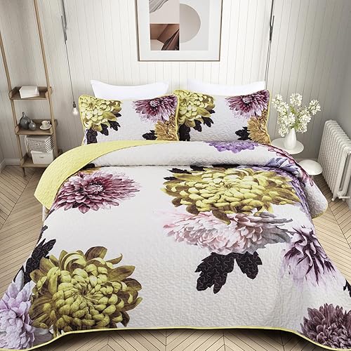 Dintszyayue Juego de edredón floral tamaño King, juego de edredón de 3 piezas con flores azules con 2 fundas de almohada, colcha de microfibra