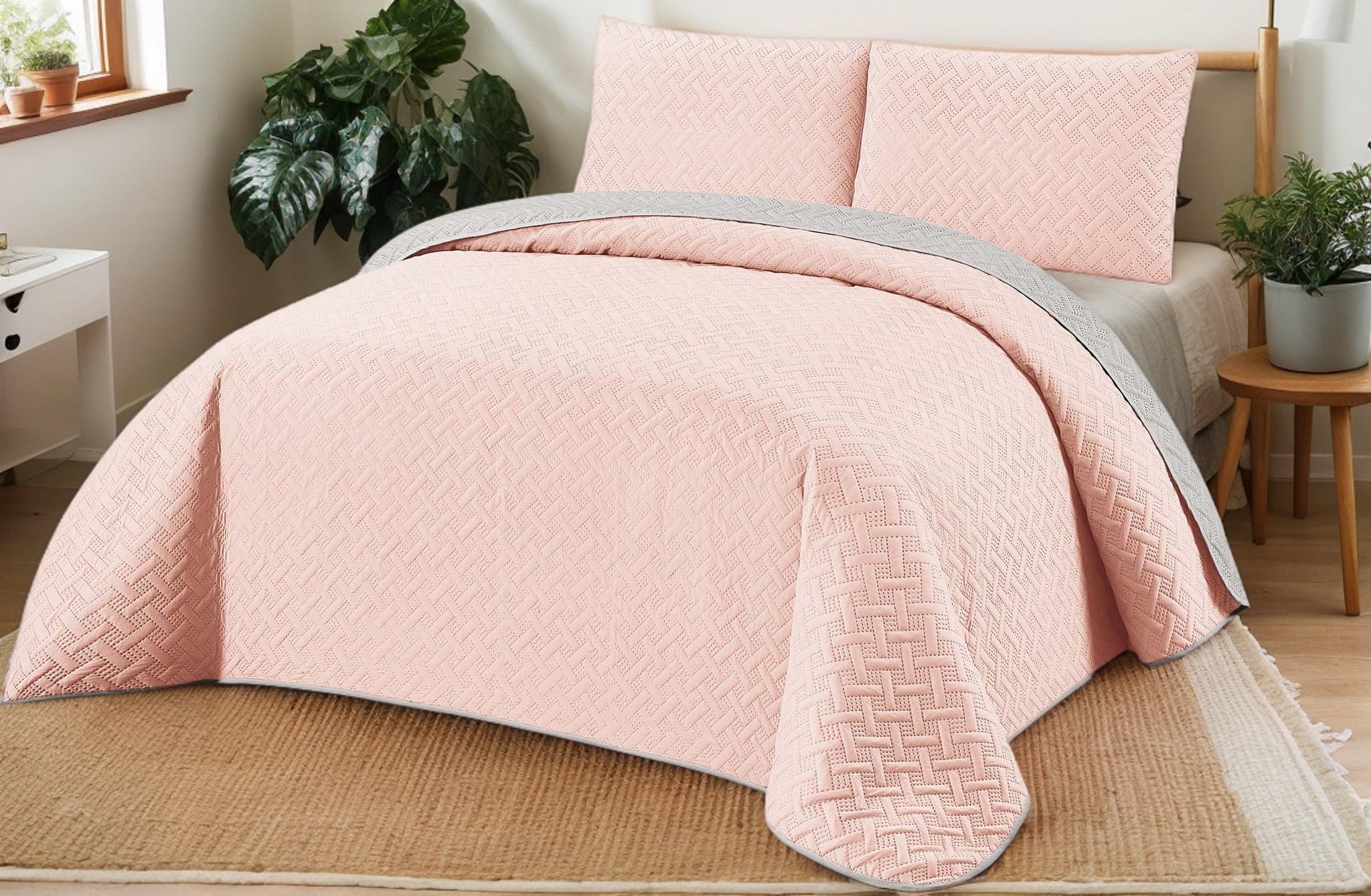 DH DREAMER HOME Boutis Quilt with Embossed Braided Pale Pink + 1 Cushion Cover 50 x 70 cm – Light Thin Interseason Bedspread Extra Soft and Breathable (90 Bed, 180 x 260 cm)