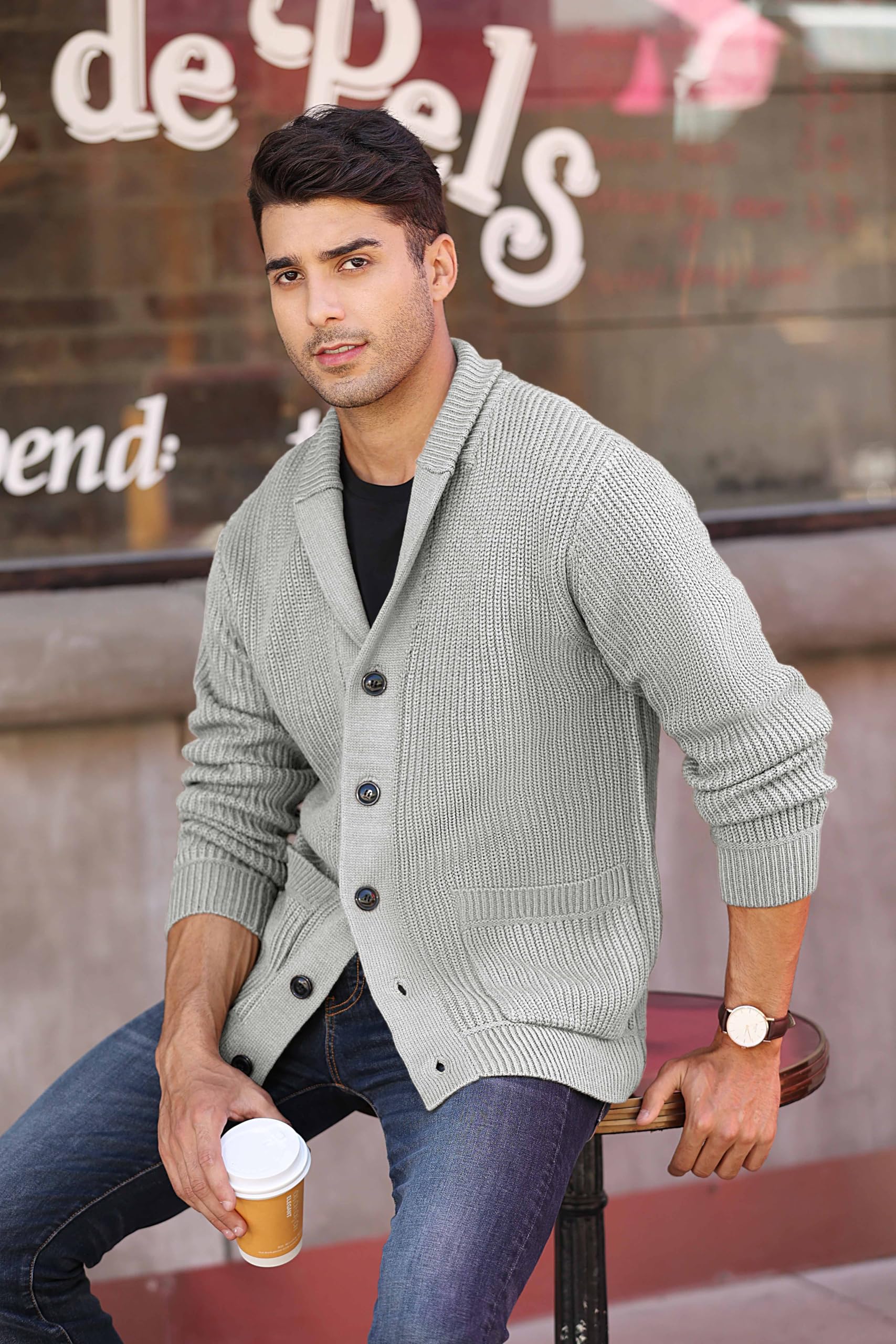 Runcati Strickjacke Herren Grobstrick Cardigan Lässig Schalkragen Langarm Knopfleiste Strickpullover Tops