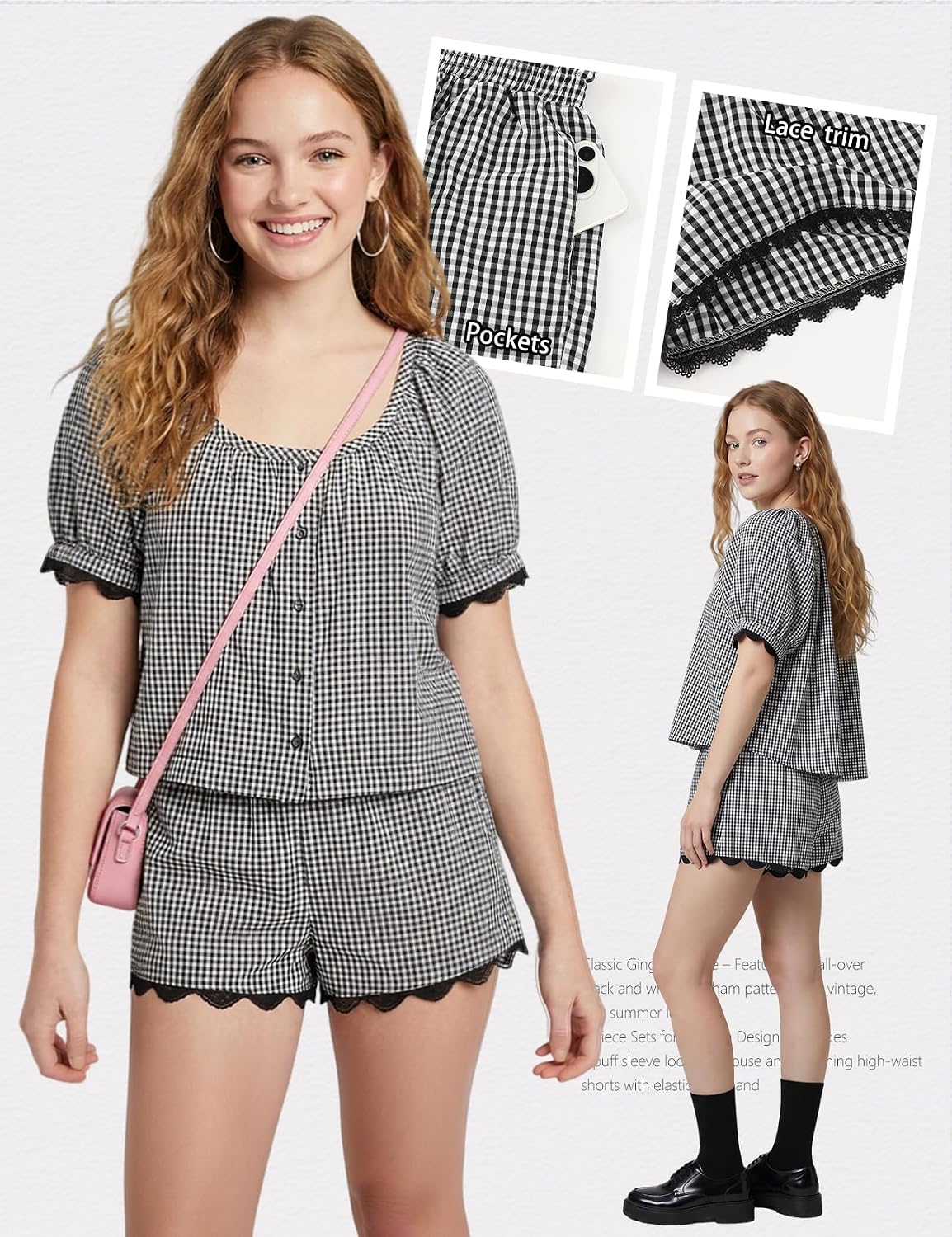 Wyeysyt Womens Gingham Set Plaid 2 Piece Sets Summer Matching Set Cotton Puff Sleeve Top Shorts Pajama Set