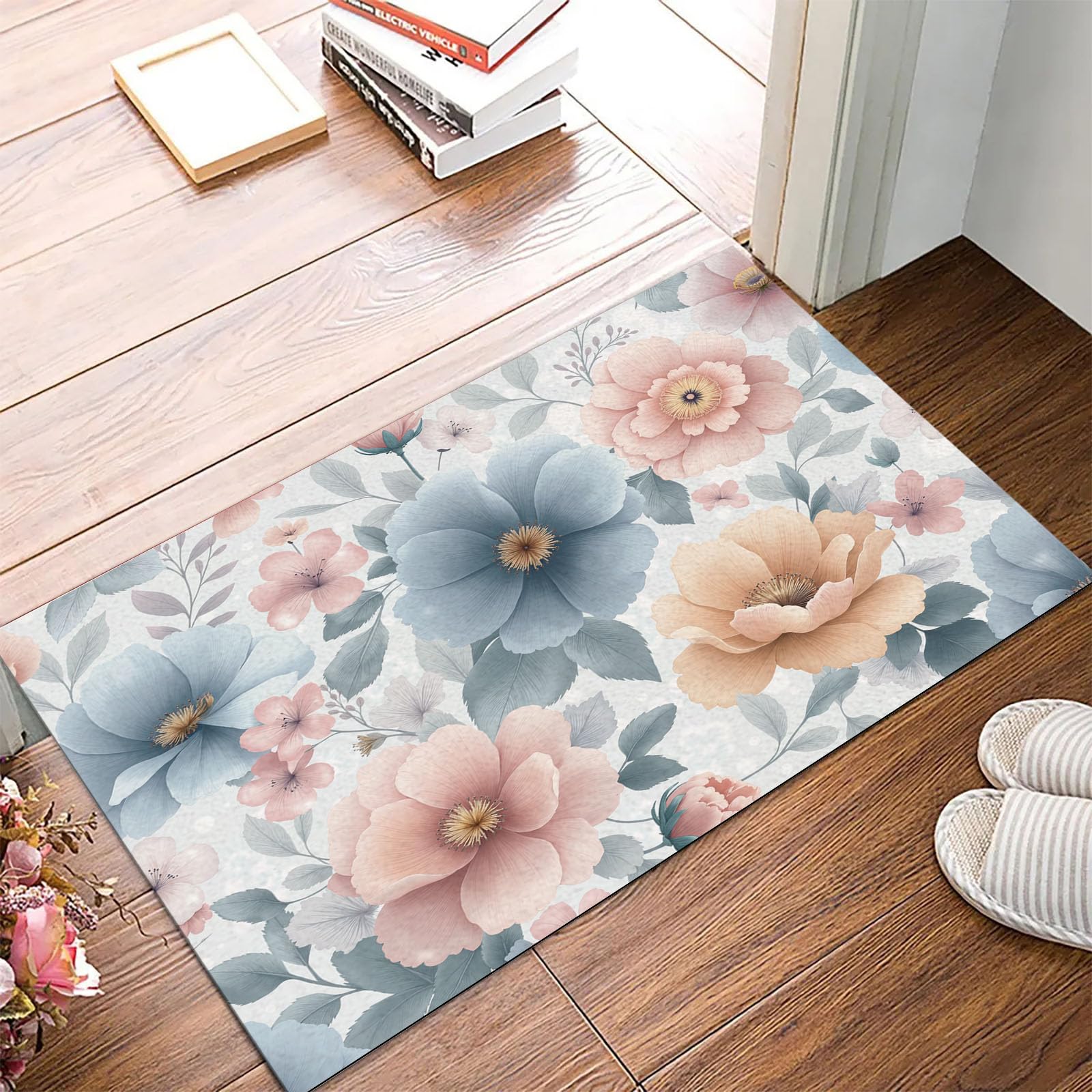 Tapis Entree Interieur Fleurs De Campagne Rurales 80x120cm Lavable en Machine, paillasson AntidéRapant Poil Ras, Aquarelle Coquelicot pour Chambre Salle a Manger Cuisine, Bleu Rose