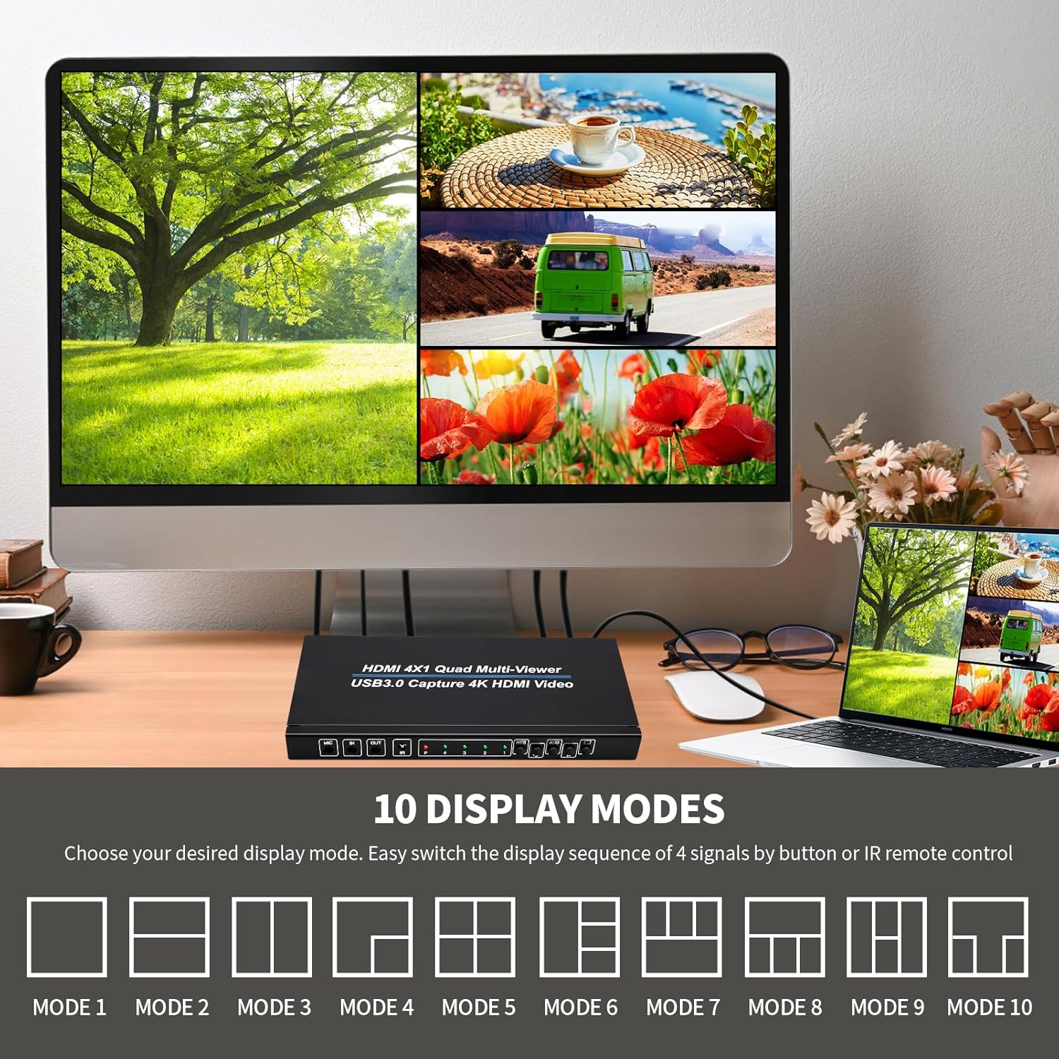 ACHAVE Video Switcher for Live Streaming,HDMI 4x1 Quad Multi-Viewer with USB 3.0 Capture, 4K Video Converter, 10 Display Modes, Live Streaming Compatible, Black Metallic