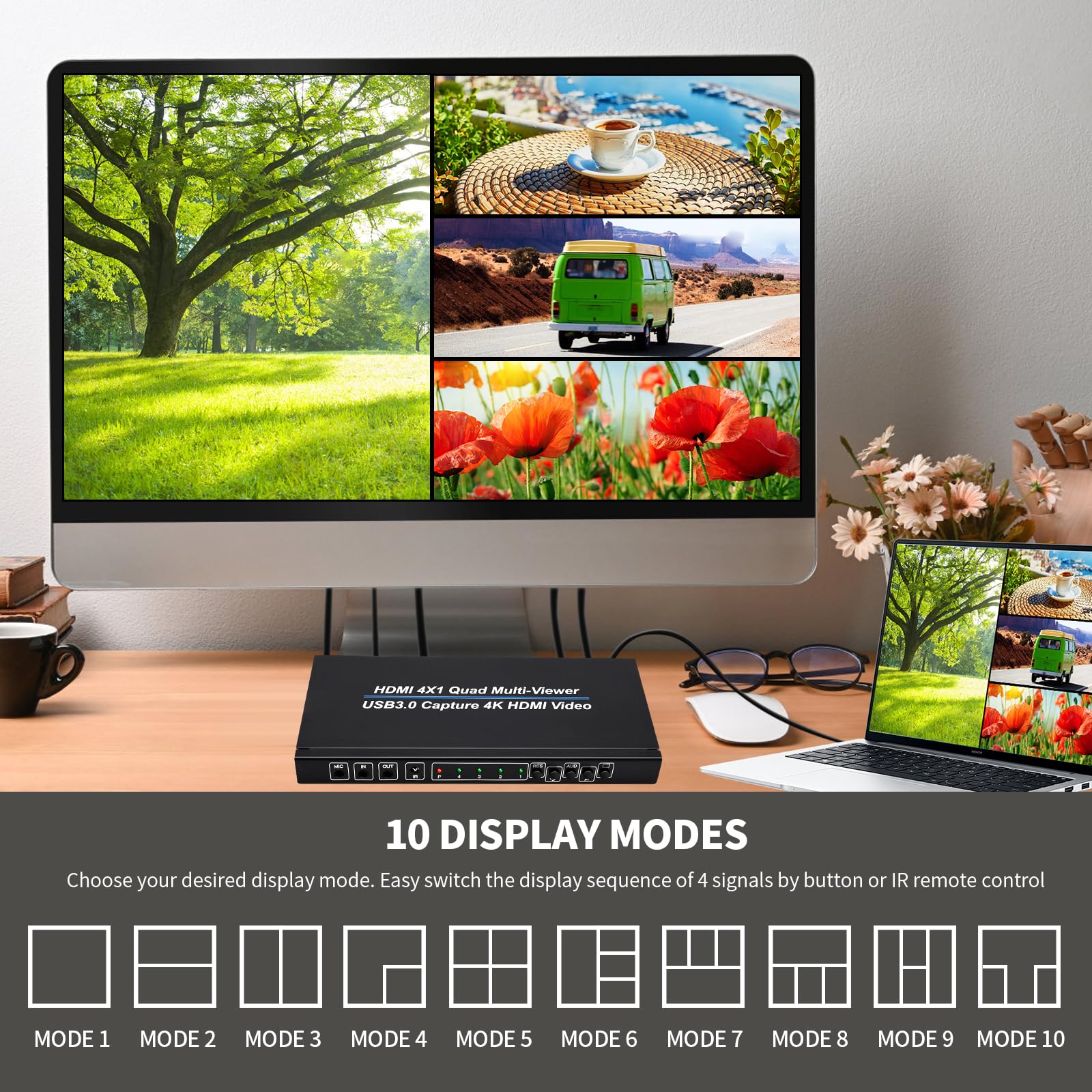 ACHAVE HDMI 4x1 Quad Multi-Viewer con acquisizione USB 3.0, convertitore video 4K, 10 modalità di visualizzazione, compatibile con live streaming, nero metallizzato