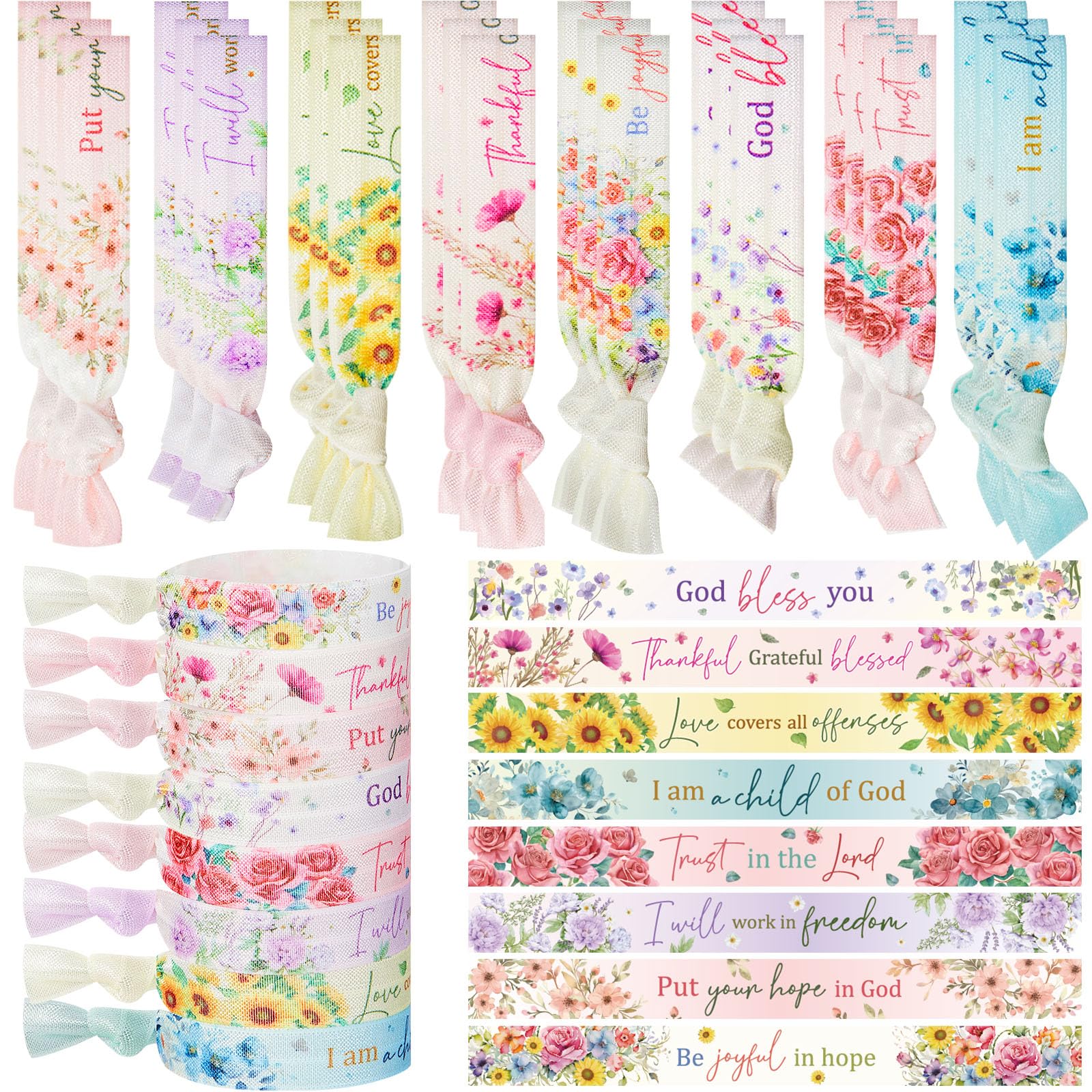 Solsew 48 Pcs Christian Gifts Bulk for Women Bible Verses Hair Ties Inspirational Religious Bracelet Colorful Flower Elastic Wristbands Church Gift