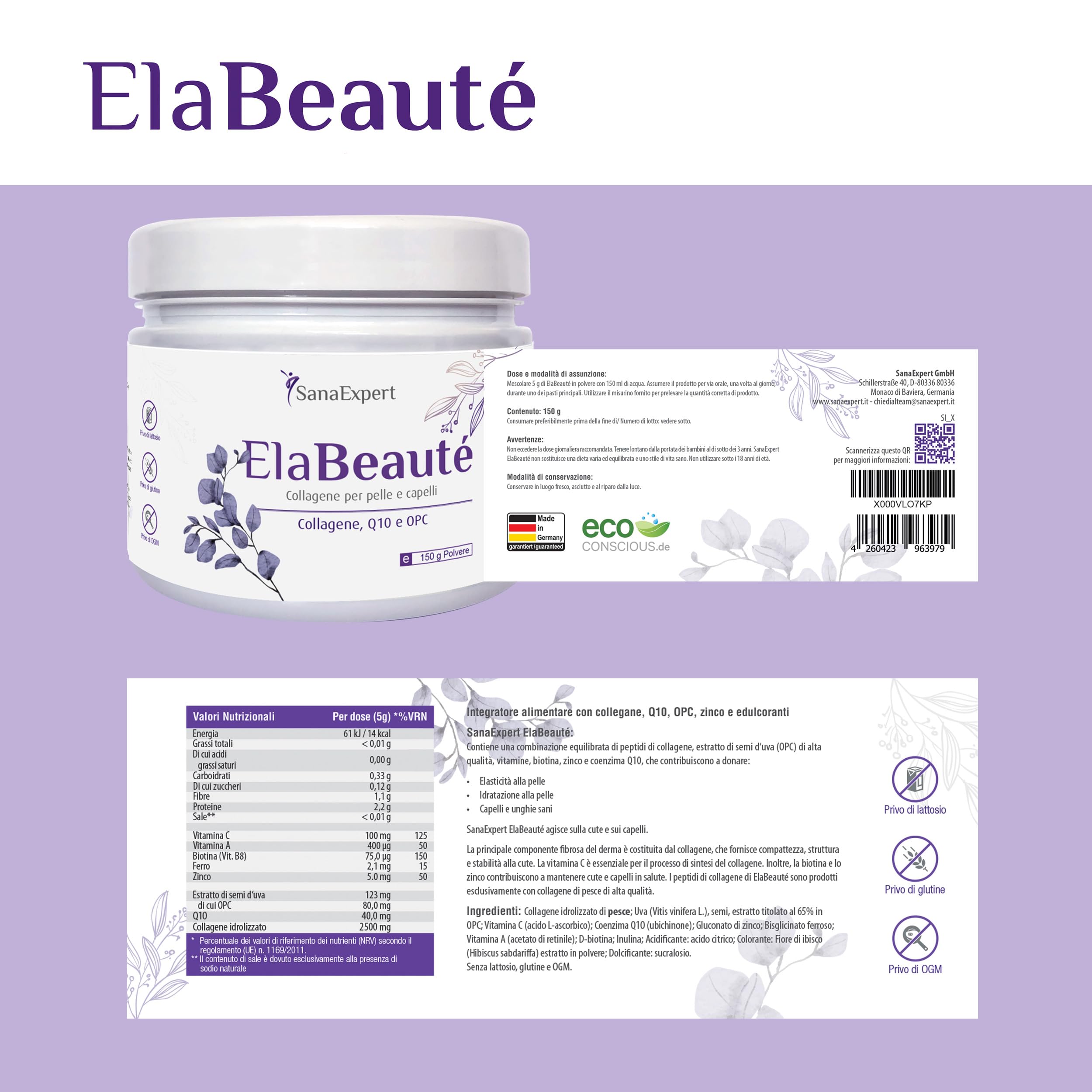 SanaExpert Beauty & Antiossidanti Bundle – ElaBeauté Collagene Verisol® 150g + Acai Berry 120 Capsule – Con Q10, Biotina e Estratto di Açaí – Prodotto in Germania