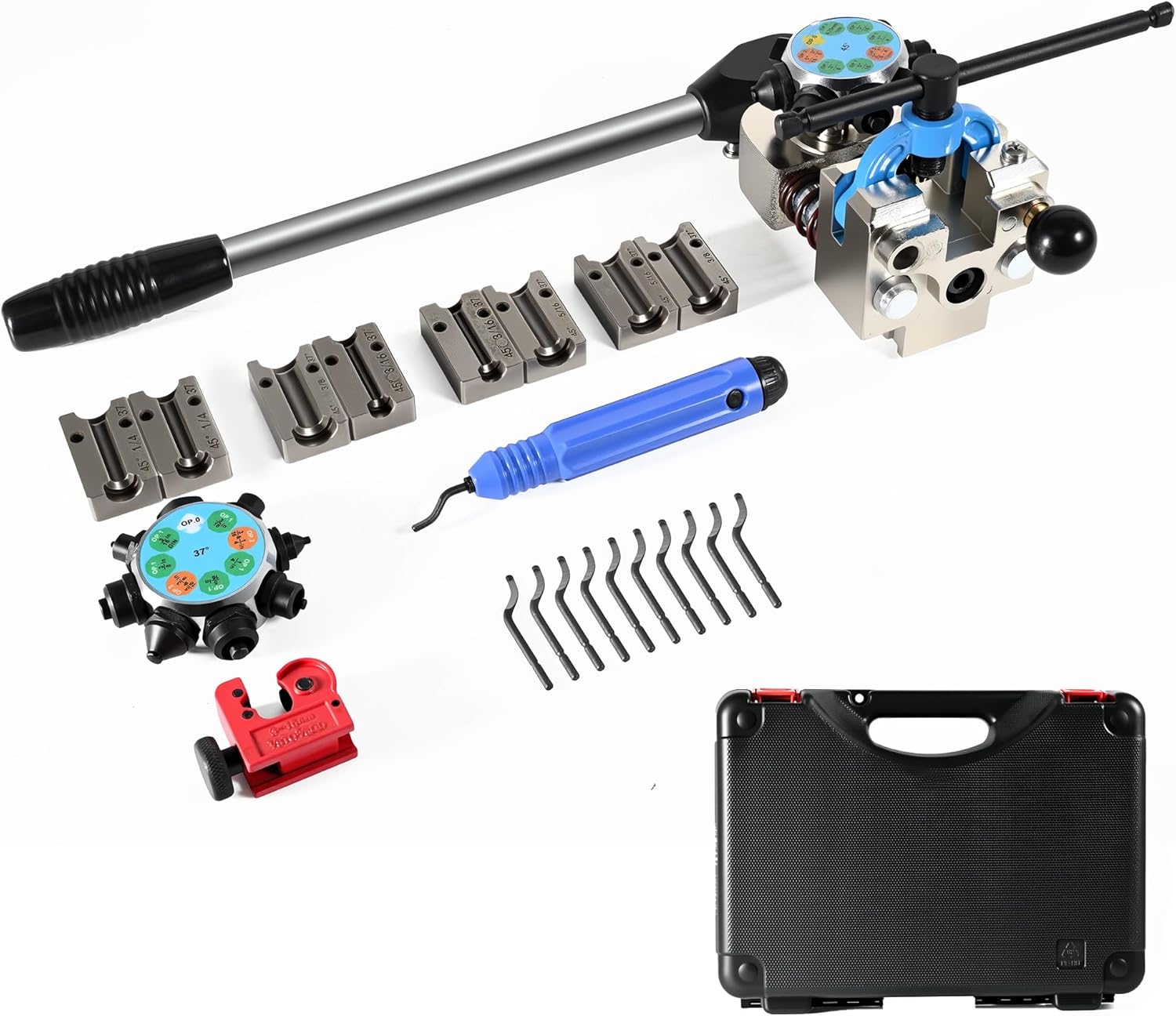 RQG Pro Brake Line Flaring Tool Kit, 45 and 37 Degree Flaring Tool, Single/Bubble/Double Flare Tool Set for Copper Aluminum Stainless Steel Brake Line Fuel Line Transmission Cooler Tubes