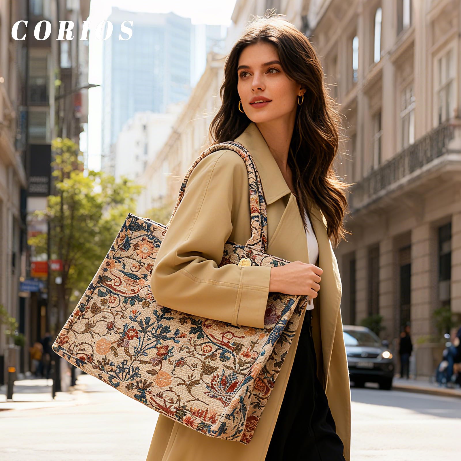 CORIOS Damen Laptoptasche Aktentasche mit Ethnischen Druckmustern Böhmische Schultertasche Canvas Tote Handtasche Sommer Strand Tasche Mode Henkeltaschen für Urlaub Reise Strand Shopper Beige