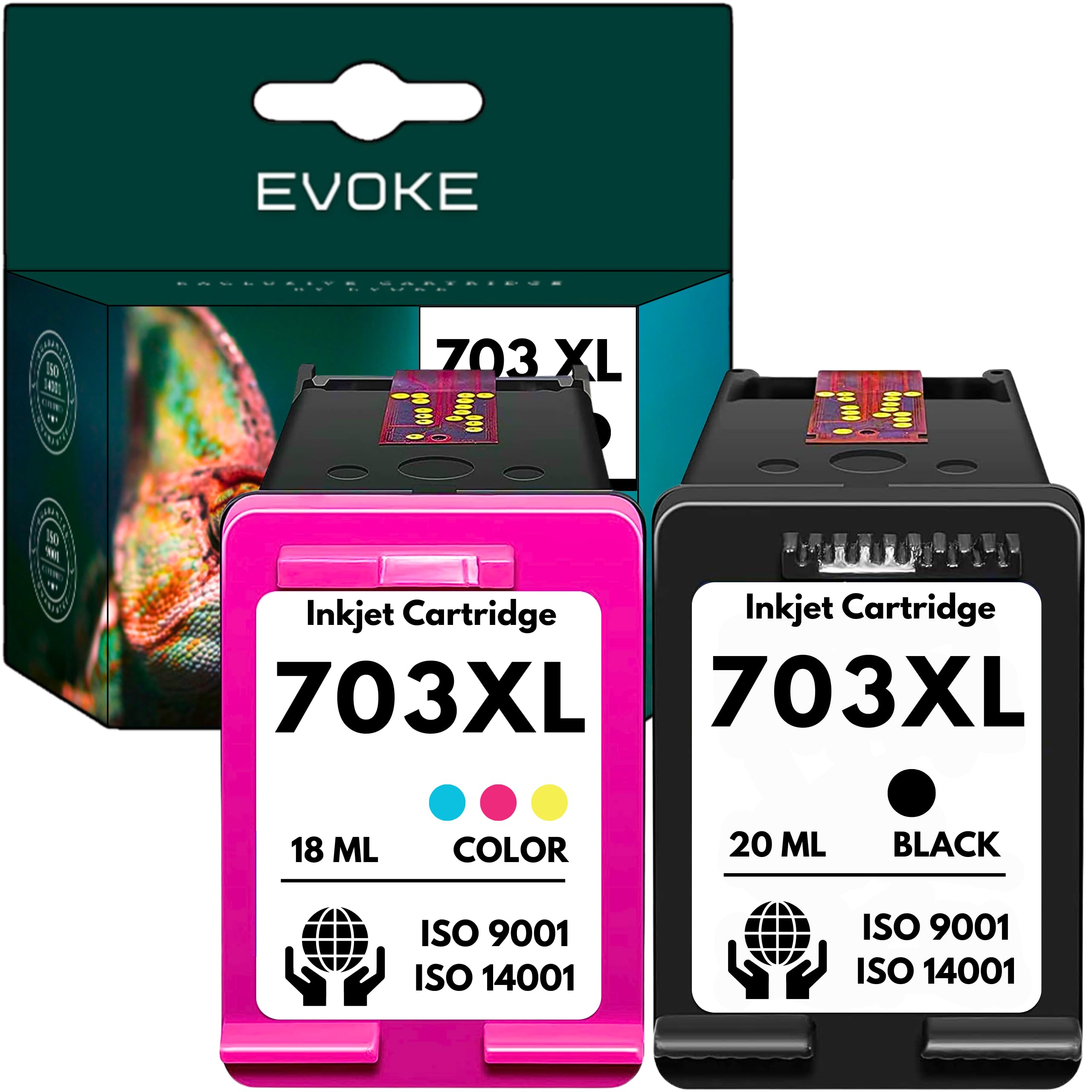 EVOKE 703 XL Zestaw tuszy kompatybilny z HP D730 F735 K109a K209a K510a (Zestaw Czarny + Trójkolorowy) 1875 Stron 38 ml