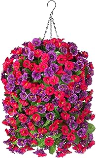 Artificial Flowers with Hanging Basket, Outdoor Faux Plants Silk Morning...