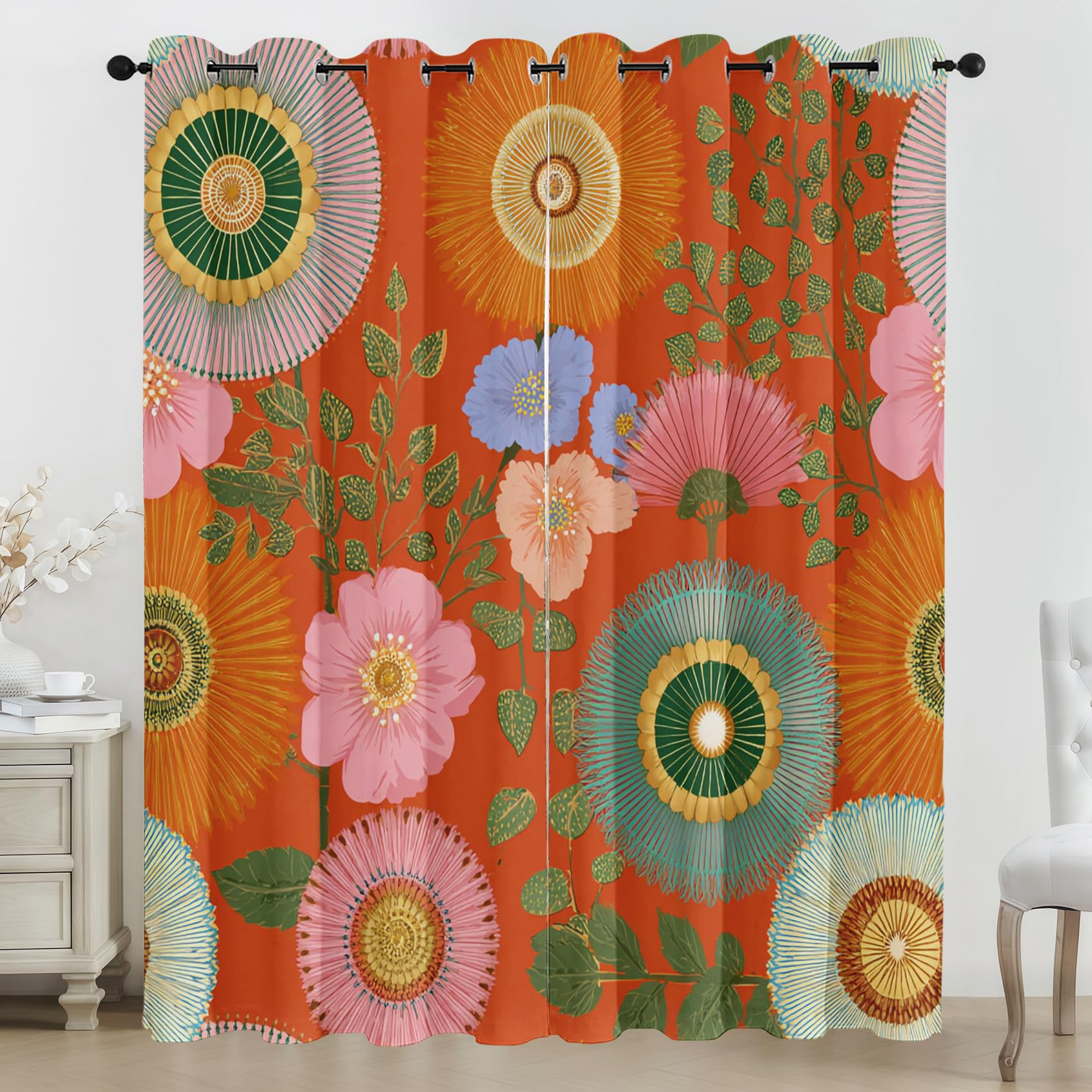 Générique Lot de 2 Rideau Occultant Fleur Bohème, Impression Floral Hippie Rétro Rideaux de Fenêtre Thermique Isolants Anti Bruit a Oeillets Rideaux Chambre Salon 140x245 cm L380y