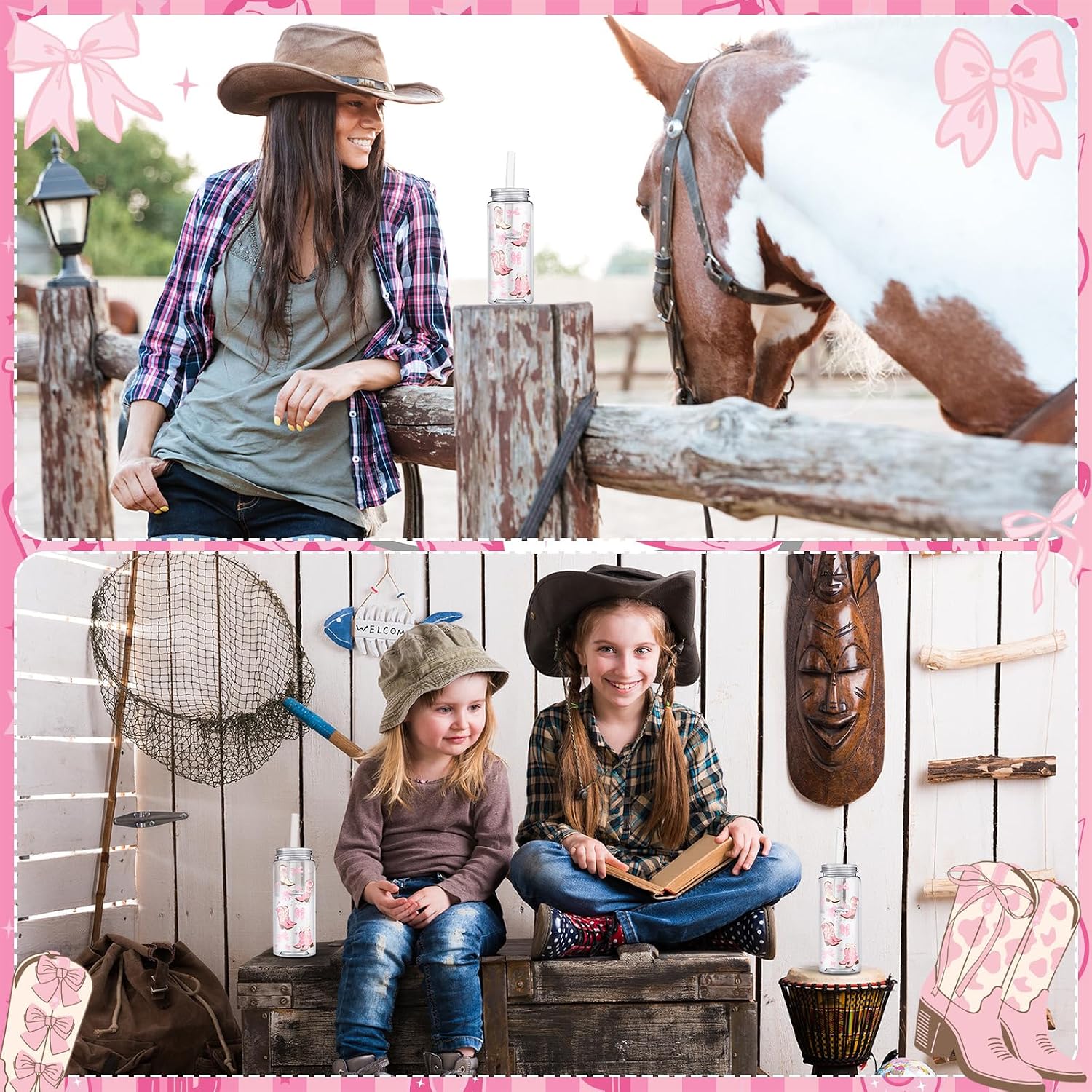 Qinyoung 24 Pcs Western Cowgirl Cowboy Plastic Tumbler 14.2 oz Rodeo Reusable Cups with Lids and Straws Cowgirl Party Favors Decoration My First Rodeo Birthday Decorations(Classic Style,Pink)