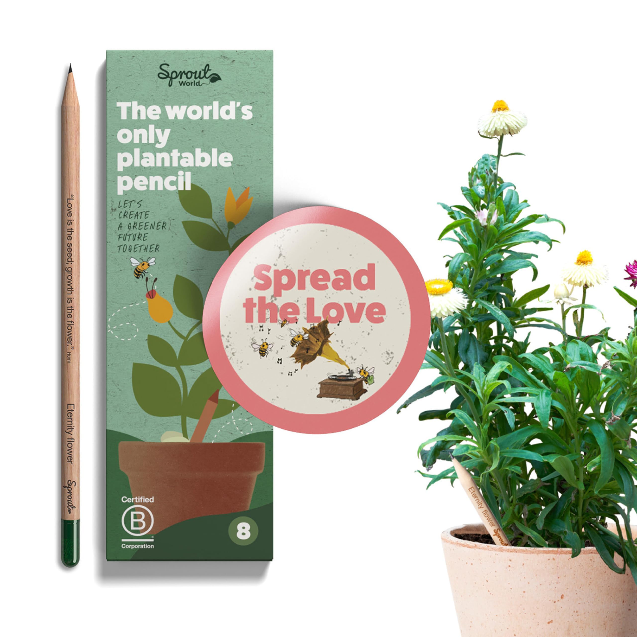 SproutWorld Wood-Cased Pencils | Spread the Love Edition | HB Pre-Sharpened Graphite Plantable Wooden Pencils with flower, Herb & Vegetable Seeds | Gift with Heart-Warming Quotes | 8 Pack