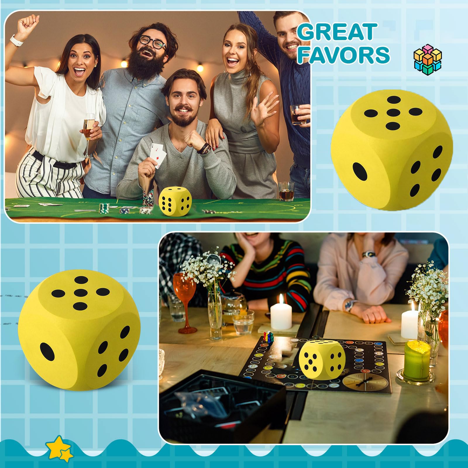 Big Dice Cube for Games, Six Sided Dice, 5Cm Yellow Big Cube with Black Color Dots, Interesting Large Block Building Blocks, Decorative Dice, Board Game Enthusiasts, Tabletop Games Players 3