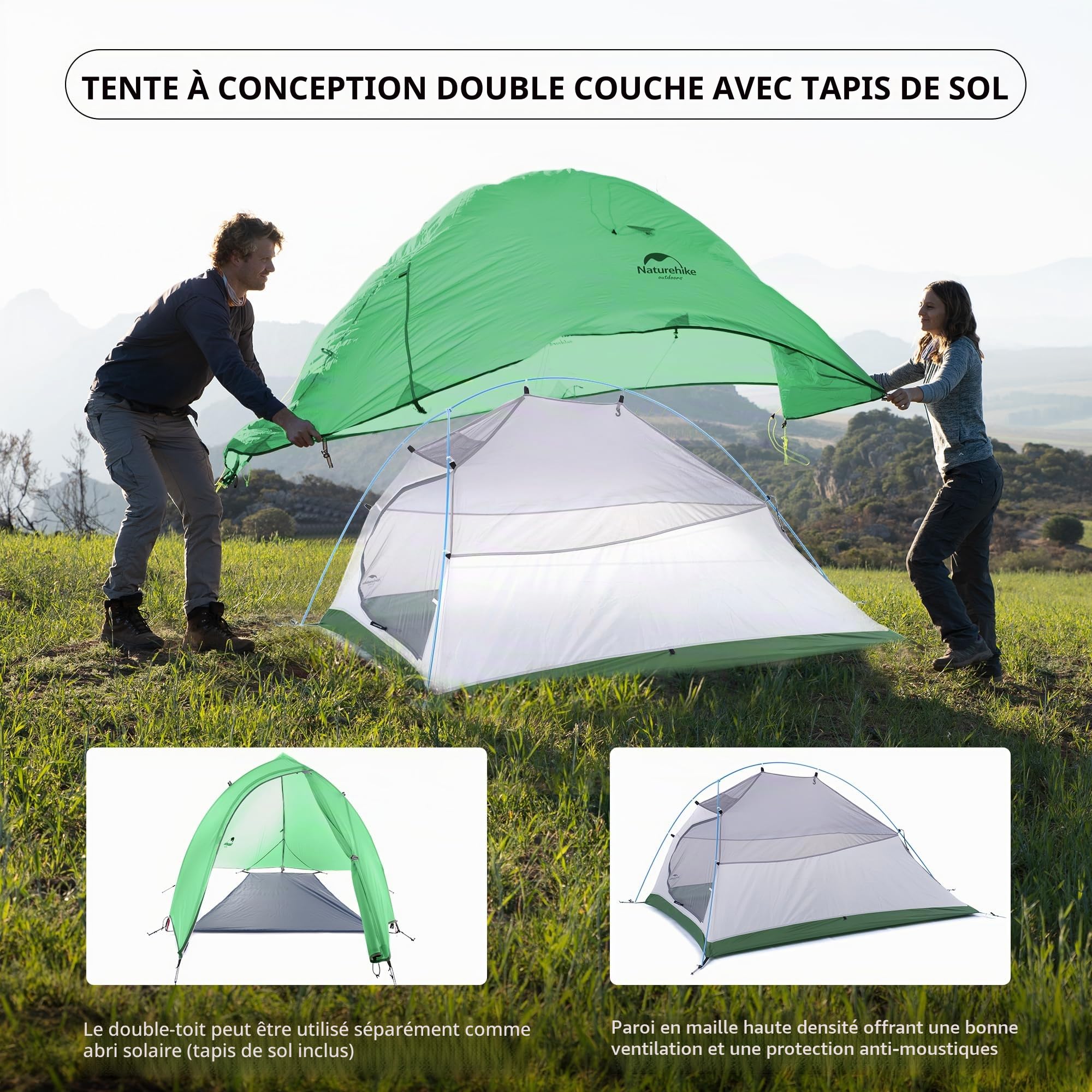 Naturehike Cloud-Up 2 Tente de Camping 2 Personnes 3-4 Saison Sac à Dos Léger Tente de Randonnée(Vert Upgrade 210T)