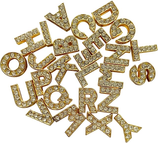Qililandiy 52pcs Crystal Rhinestone Charms Alloy Alphabet A-Z Alphabet Letters for DIY Wristbands Bracelets Jewelry Making 8mm, Gold
