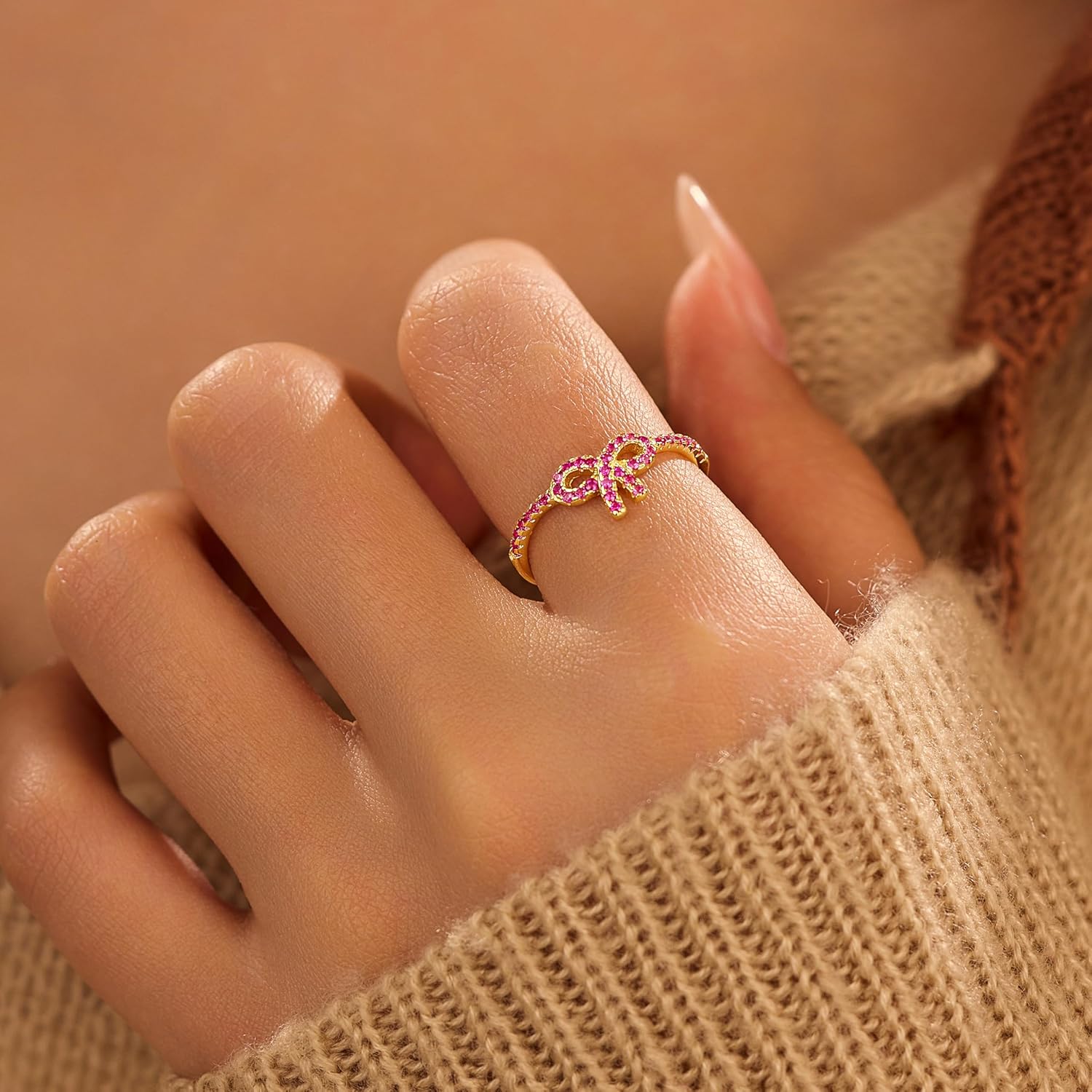 Pink Bow Rings for Women 14K Gold Plated 925 Sterling Silver Rings Mother Daughter Knot Rings Dainty Cubic Zirconia Stackable Rings Jewelry - Image 5