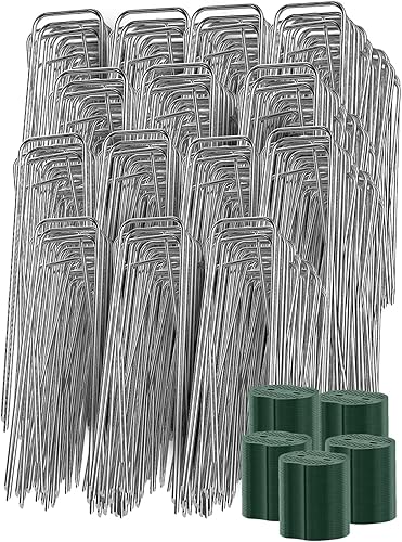 Miniatura 8 de GROWNEER Juego de grapas de paisaje, 200 grapas de jardín galvanizadas de 6 pulgadas y 200 juntas, estacas de tienda de campaña en forma de U,
