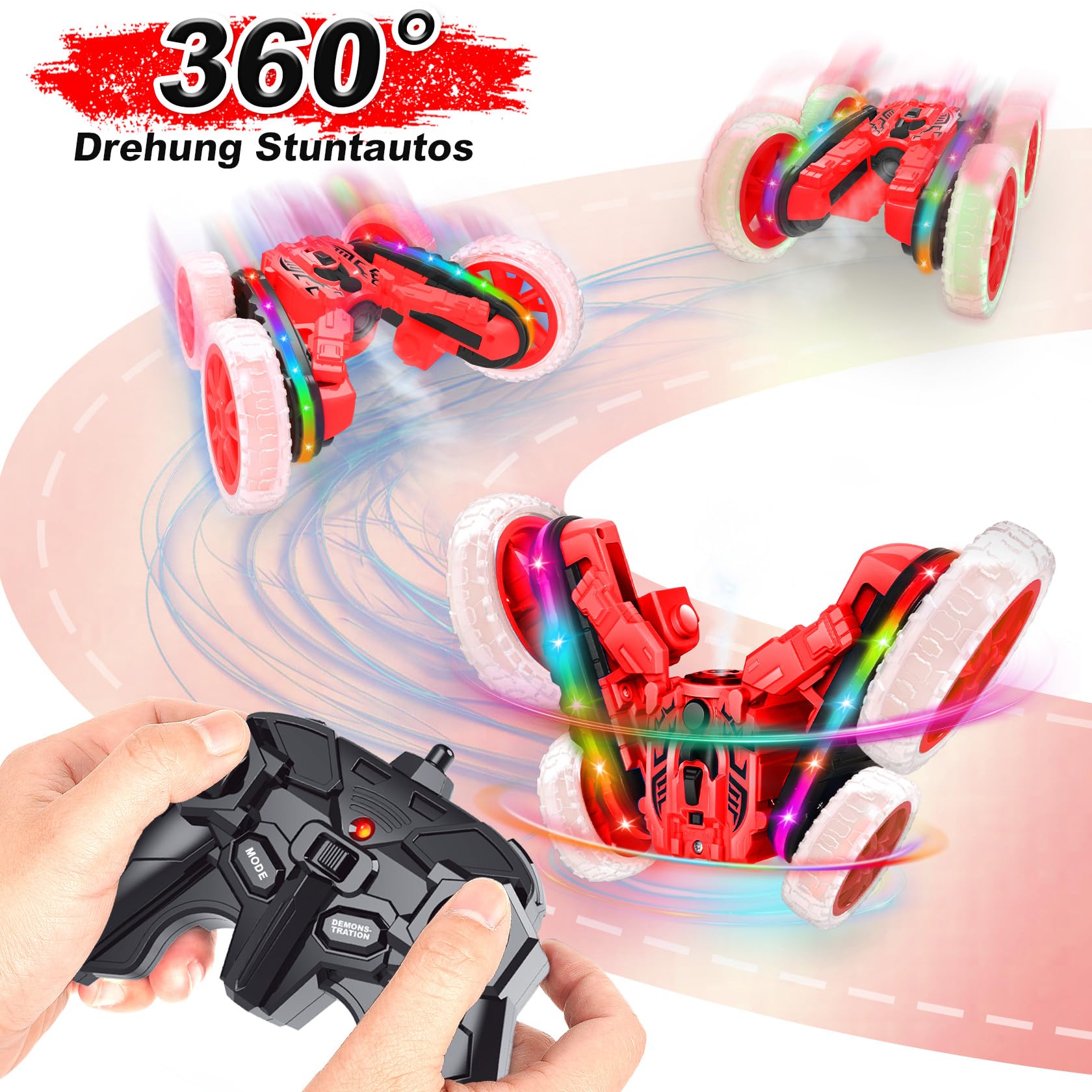 MidiVix Ferngesteuertes Auto für Kinder, Cool Lights 360° Spin Double Sided Flips RC Autos, Outdoor 4WD Off Road Stunt Car, Spielzeug für Jungen Mädchen Alter 6-12 Geburtstag Geschenk Rot