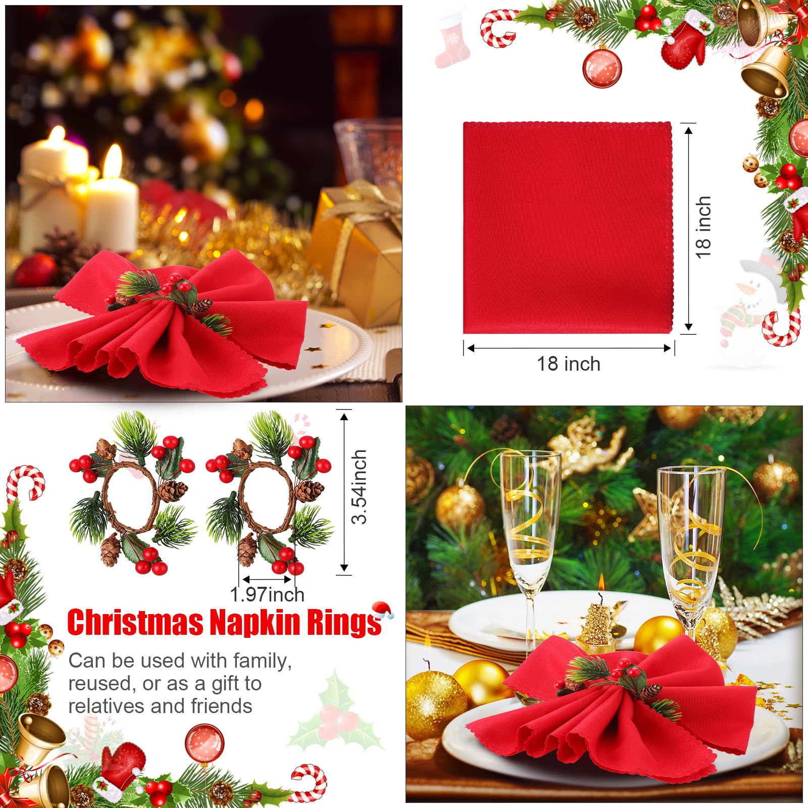 12 Pieces Christmas Napkin Rings Set, Include 6 Piece Napkin Rings Dinning Table Setting Decorations with 6 Piece Solid Color Dinner Napkins for Casual or Formal Occasions (Wreath Style)