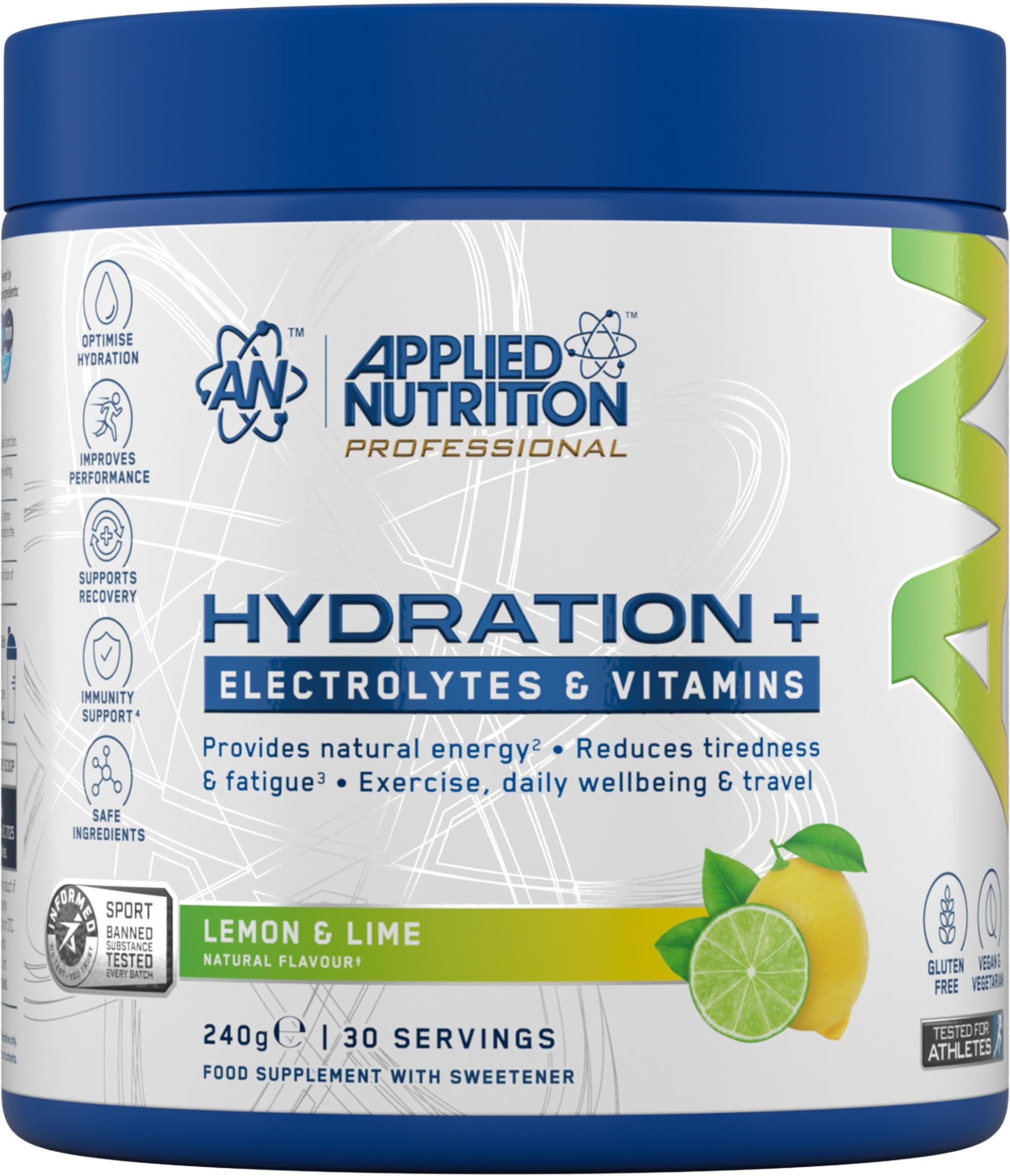 Hydration+ Electrolytes and Vitamin Powder Sugar-Free Hydration Drink Mix for Energy Recovery and Electrolyte Replenishment Lemon & Lime - 240g (30 Servings)