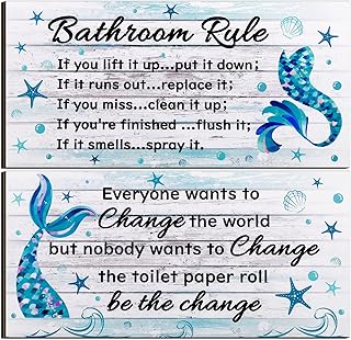 2 Pcs Mermaid Bathroom Wall Decor Bathroom Rules Wall Art Funny Ocean Beach Bathroom Decor Rustic Wood Mermaid Bathroom Ac...