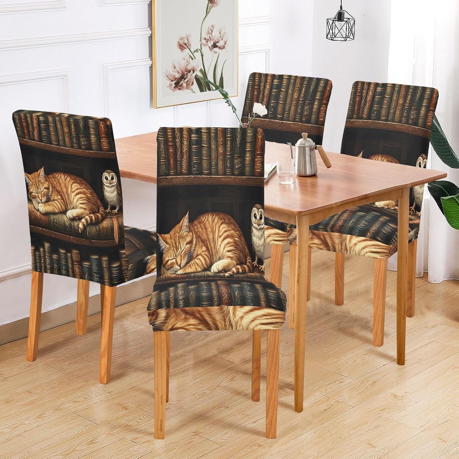 ALAZA Chair Covers for Dining Room, Cat Owl Book Stretch Chair Cover Sets Chair Protector Removable Washable for Ktichen Restaurant Hotel