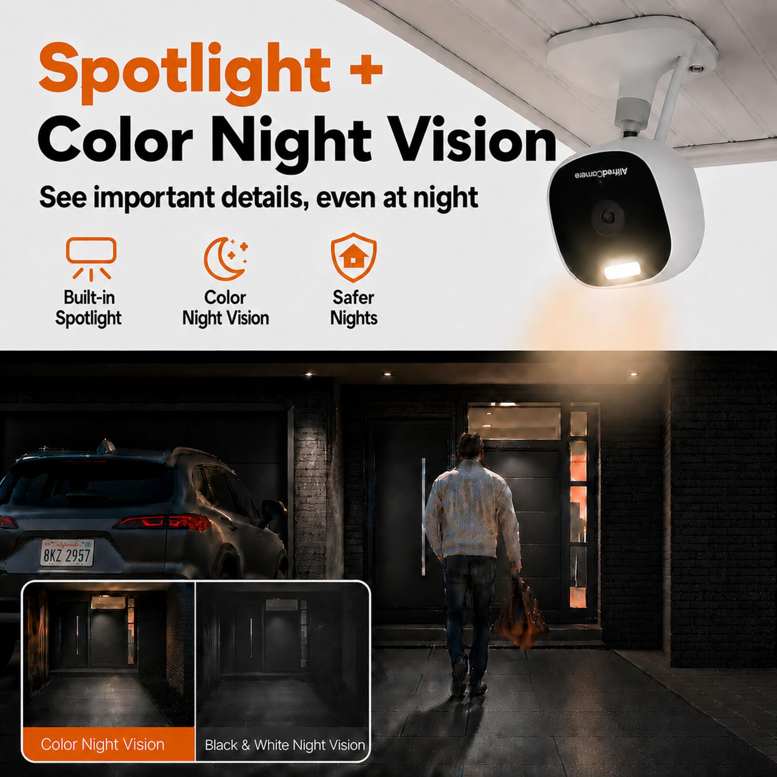AlfredCam Plus 2 Cámara de Seguridad Exterior WiFi 2.5K con Foco LED, Visión Nocturna a Color, Audio Bidireccional, IP65 Impermeable, Grabación 24/7 con Tarjeta 64GB