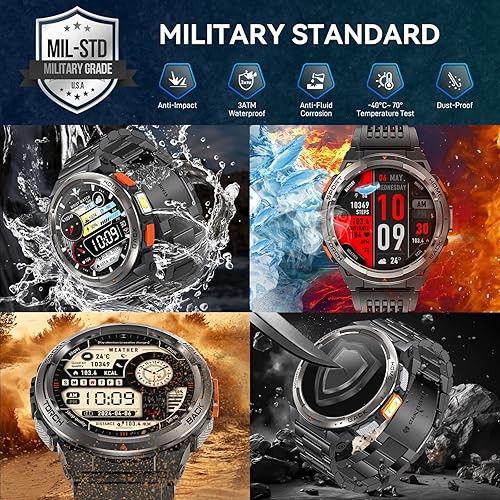 Miniatura 2 de Relojes inteligentes militares para hombres con linterna LED, reloj inteligente táctico resistente con 1.45 pulgadas HD, 3ATM impermeable y brújula,